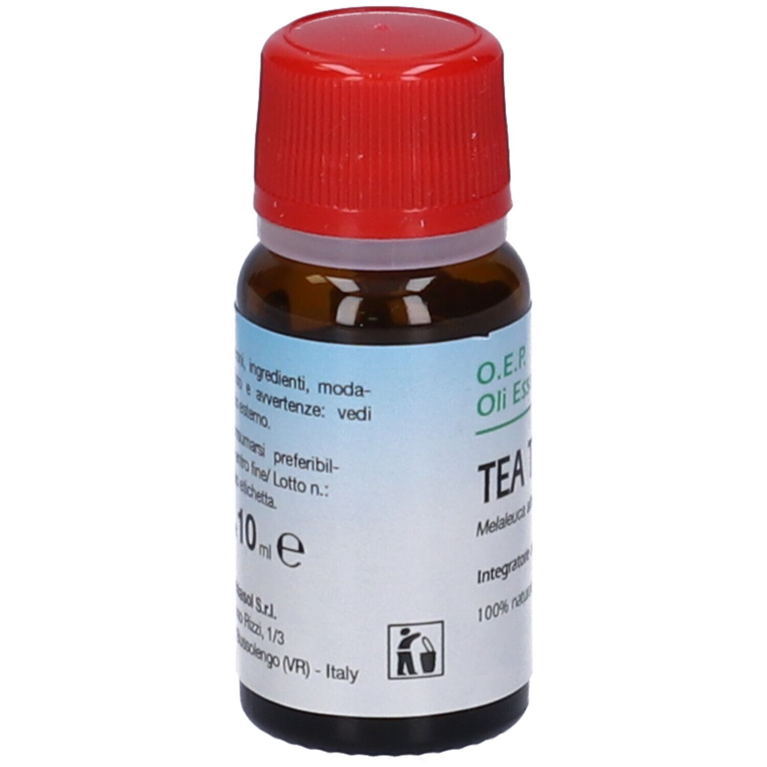 Flacone di vetro marrone con tappo rosso. Scritta: Tea Tree Oil. Marchio: Specchiasol. Etichetta con informazioni.