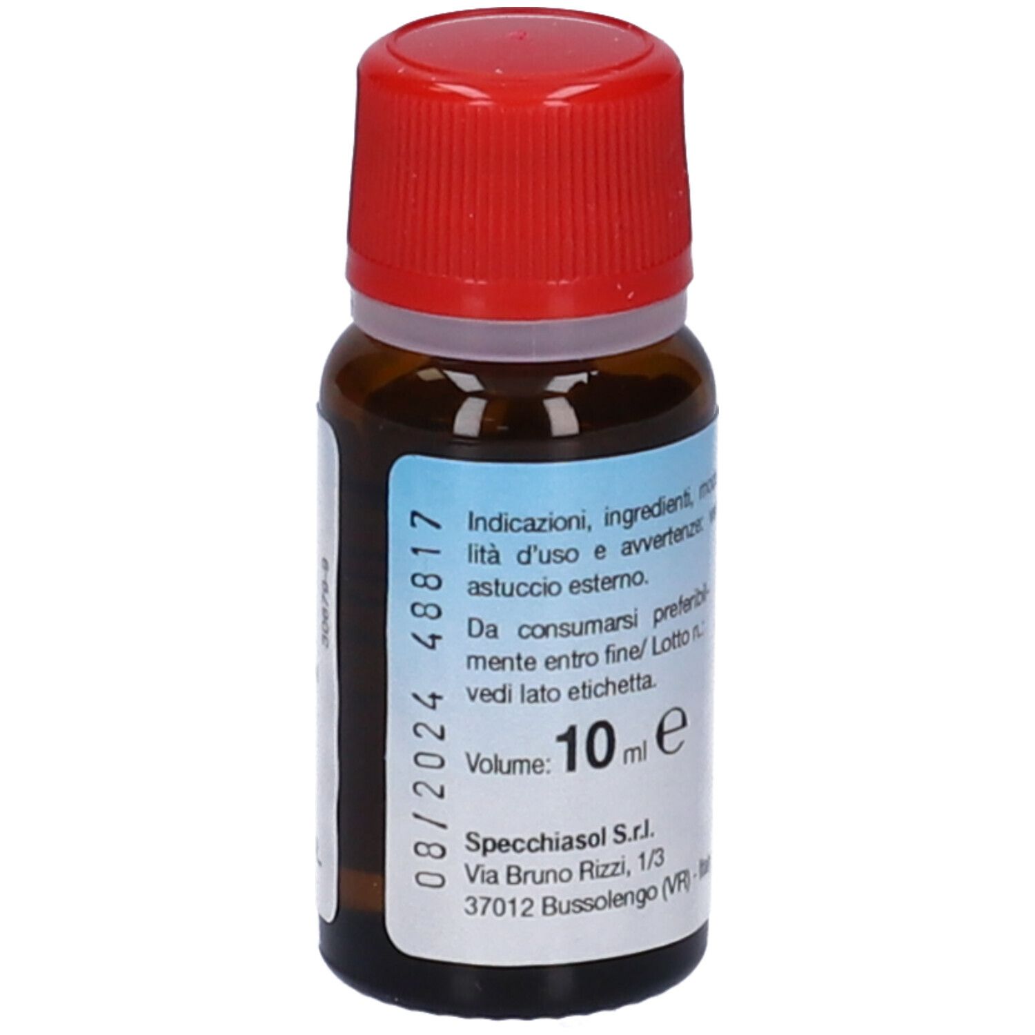 Flacone di vetro marrone con tappo rosso. Scritta: Tea Tree Oil. Marchio: Specchiasol. Etichetta con informazioni.