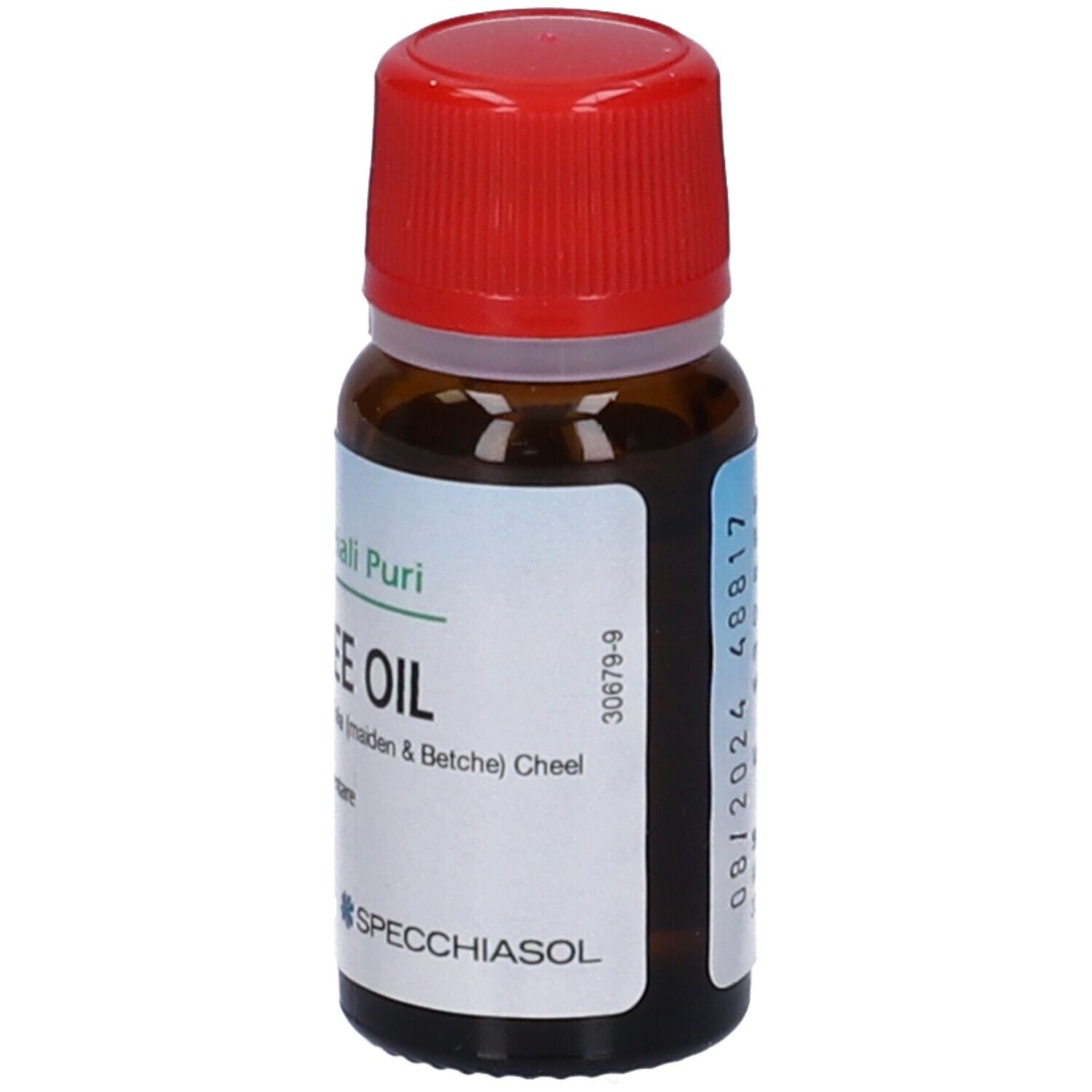 Flacone di vetro marrone con tappo rosso. Scritta: Tea Tree Oil. Marchio: Specchiasol. Etichetta con informazioni.