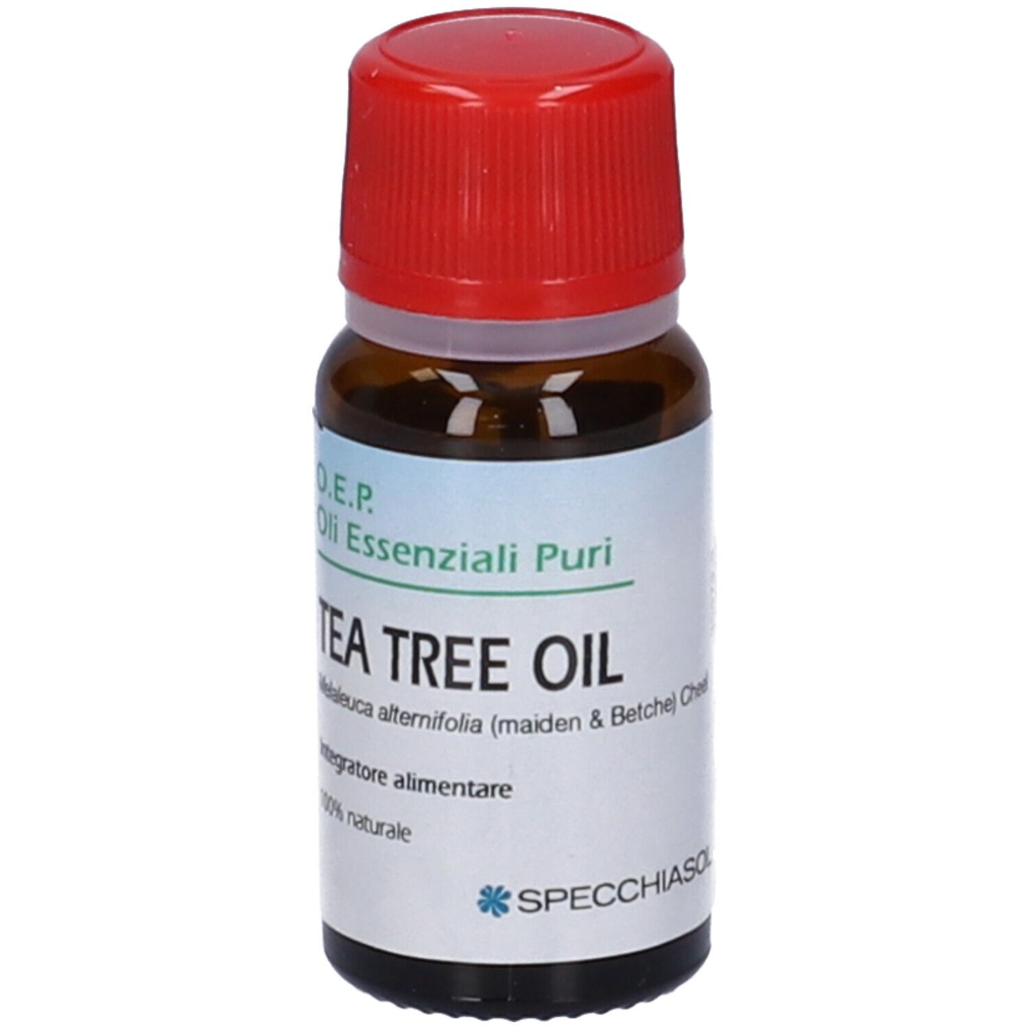 Flacone di vetro marrone con tappo rosso. Scritta: Tea Tree Oil. Marchio: Specchiasol. Etichetta con informazioni.