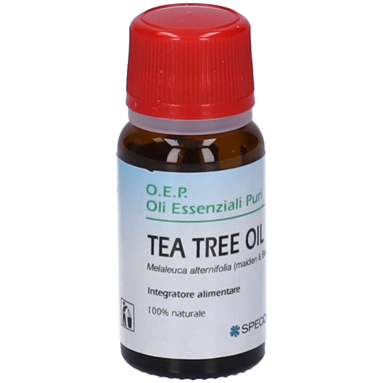 Flacone di vetro marrone con tappo rosso. Scritta: Tea Tree Oil. Marchio: Specchiasol. Etichetta con informazioni.