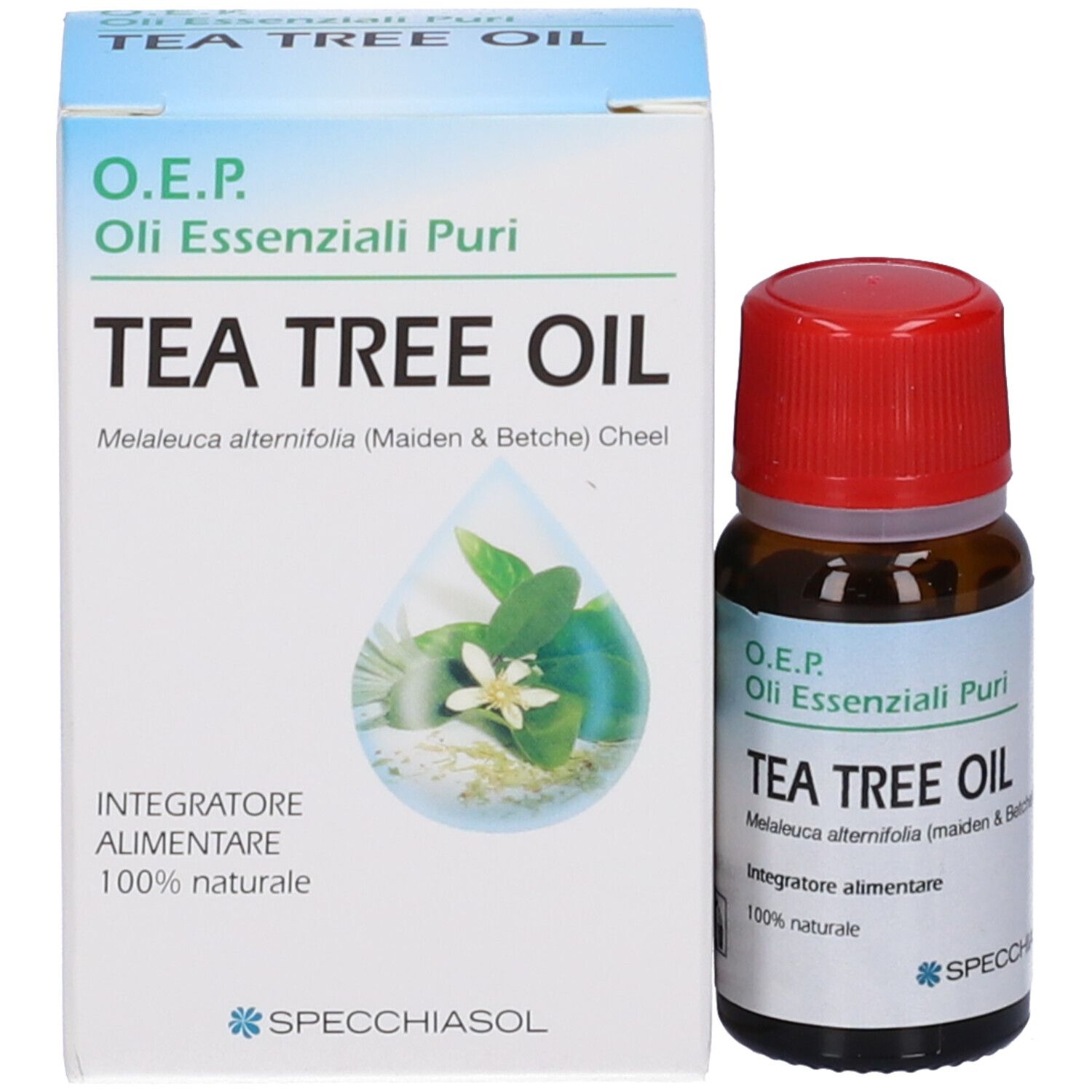Flacone di vetro marrone e scatola. Scritta: Tea Tree Oil. Marchio: Specchiasol. Flacone con tappo rosso.