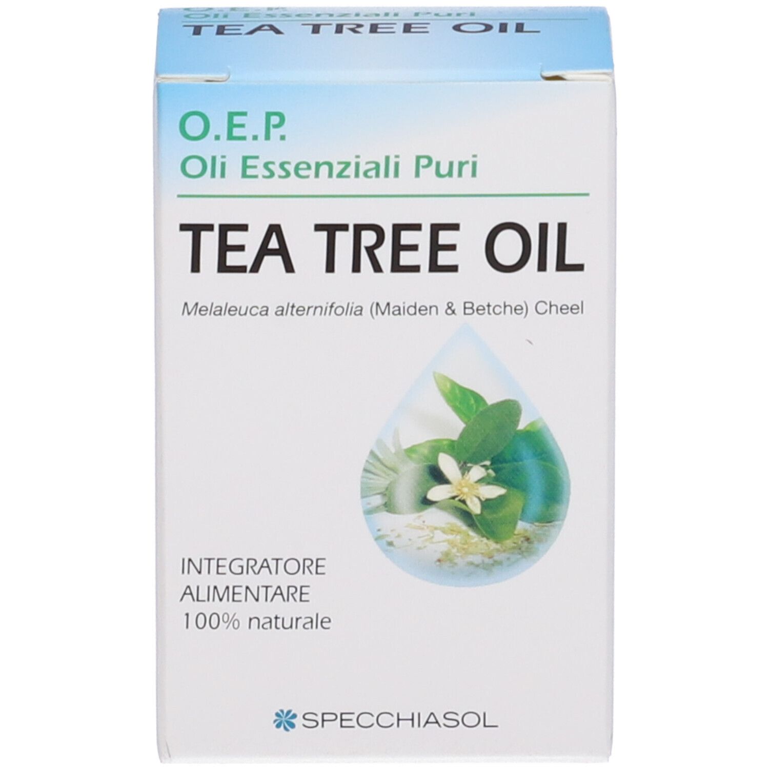 Scatola con scritta: Tea Tree Oil. Marchio: Specchiasol. Immagine di un fiore. Design bianco e blu.