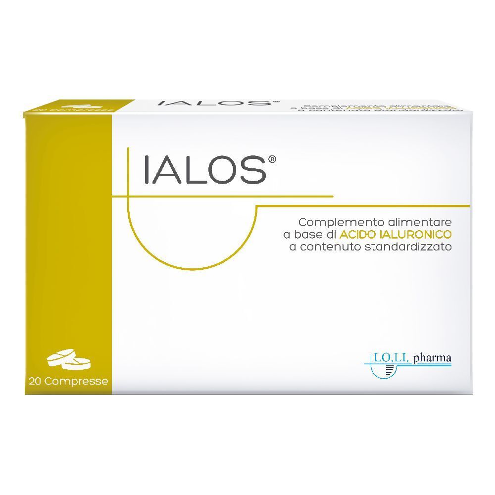 Scatola "IALOS" con 20 compresse. Scritto: "Complemento alimentare a base di ACIDO IALURONICO a contenuto standardizzato".
