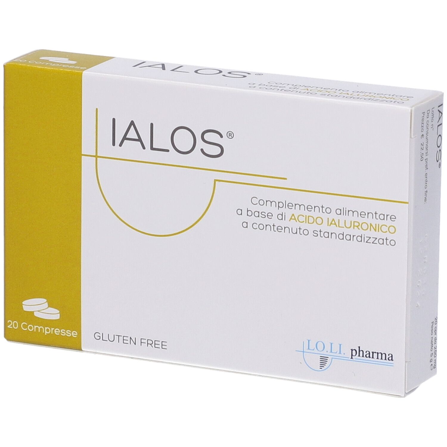 Scatola "IALOS" con 20 compresse. Scritto: "Complemento alimentare a base di ACIDO IALURONICO". Senza glutine.