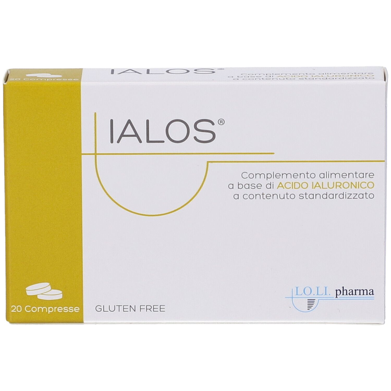 Scatola "IALOS" con 20 compresse. Scritto: "Complemento alimentare a base di ACIDO IALURONICO". Senza glutine.