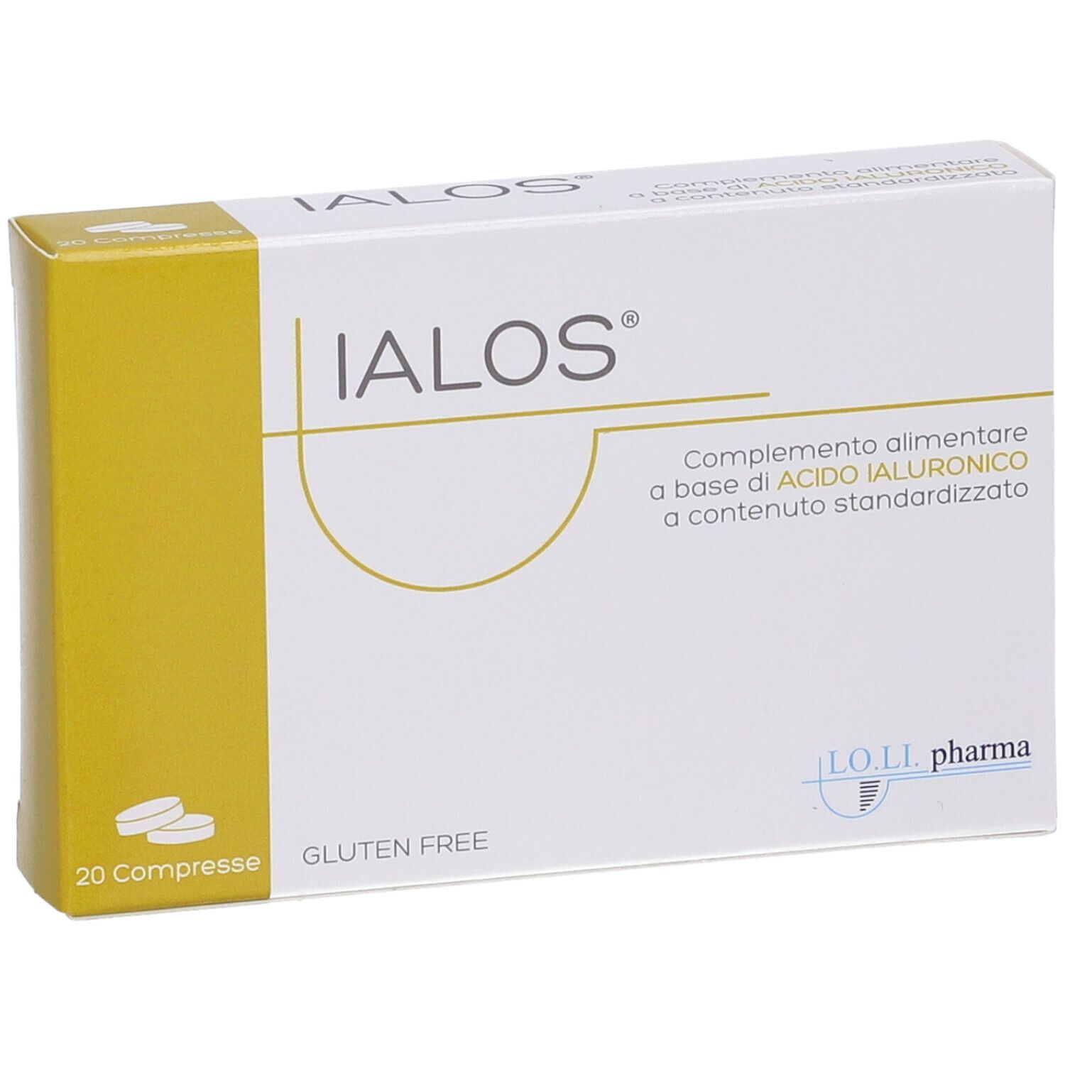 Scatola "IALOS" con lato giallo. Scritto: "Complemento alimentare a base di ACIDO IALURONICO". 20 compresse.