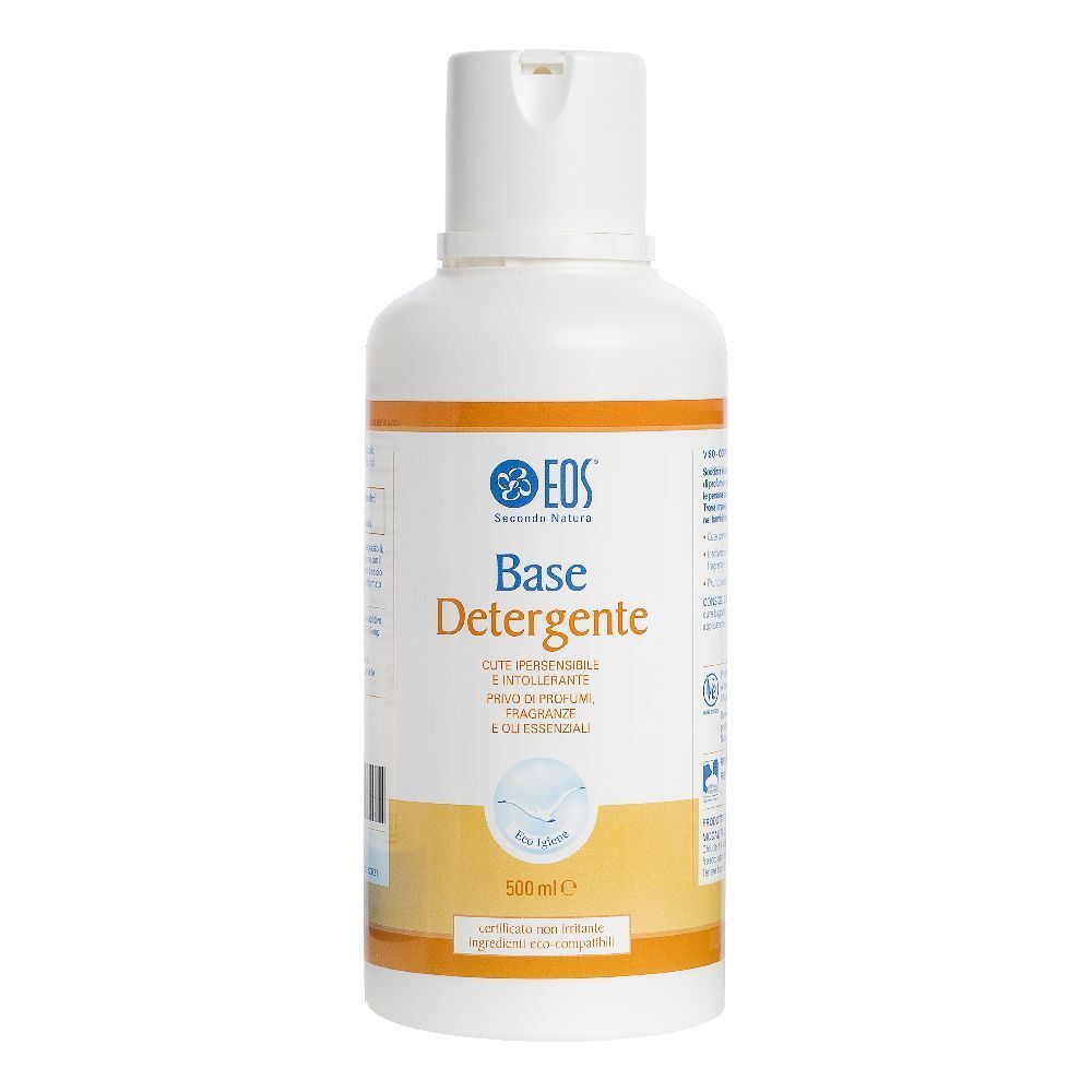Weiße Flasche mit EOS® Base Detergente. Aufschrift: Base Detergente, 500 ml. Mit Klappverschluss.