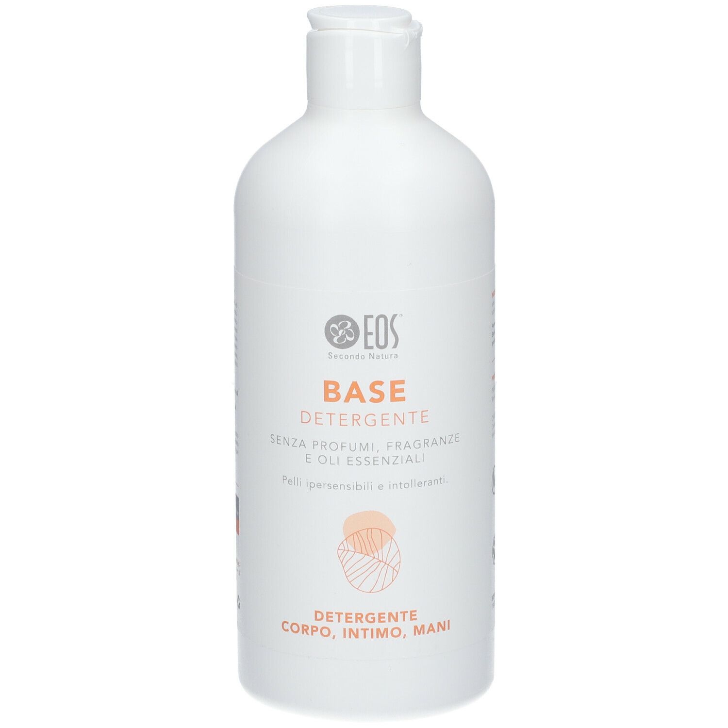 Weiße Flasche mit EOS® Base Detergente. Aufschrift: Base Detergente, ohne Parfüm, Duftstoffe und ätherische Öle.