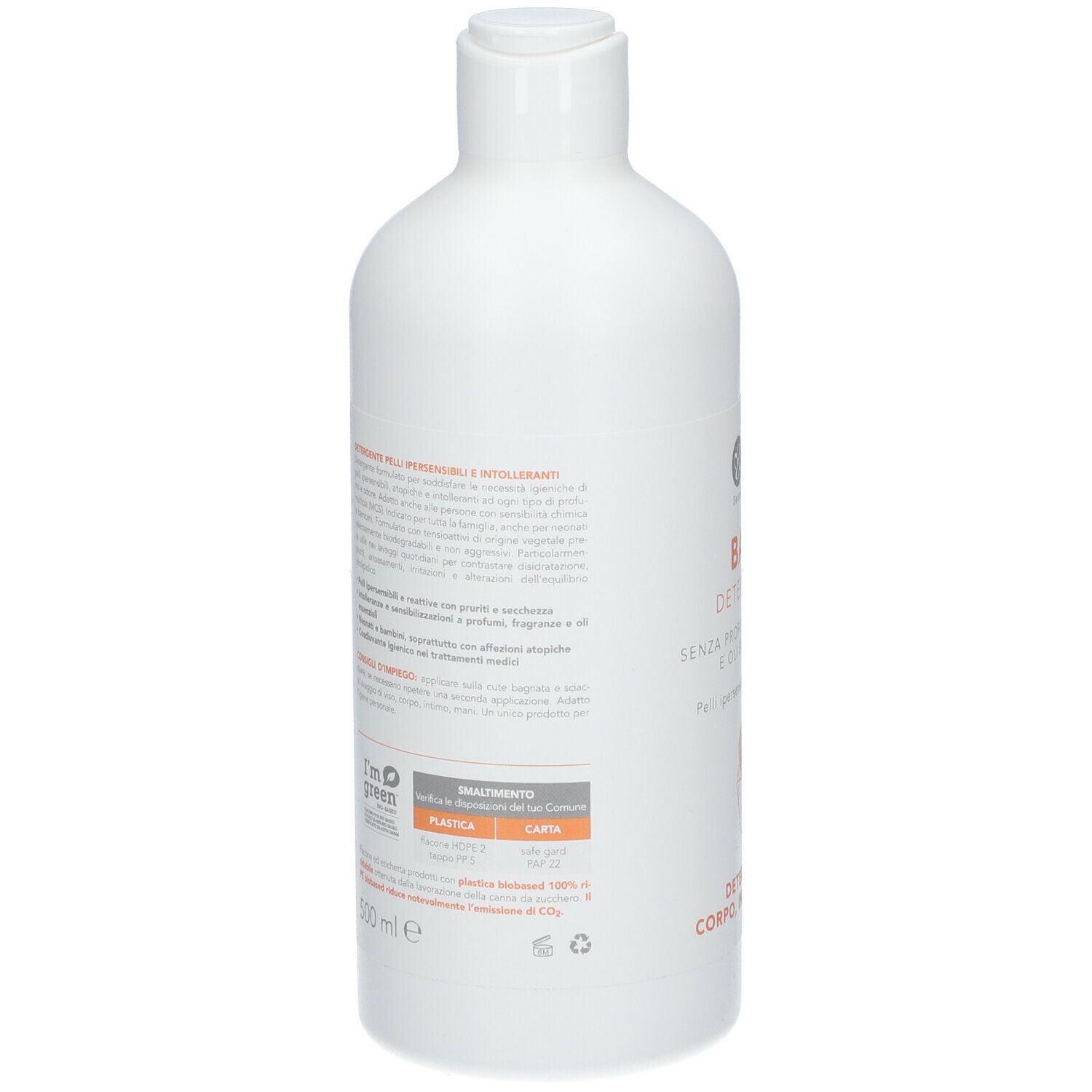 Weiße Flasche mit EOS® Base Detergente. Rückseite mit Text und Informationen. Mit Recycling-Logo.