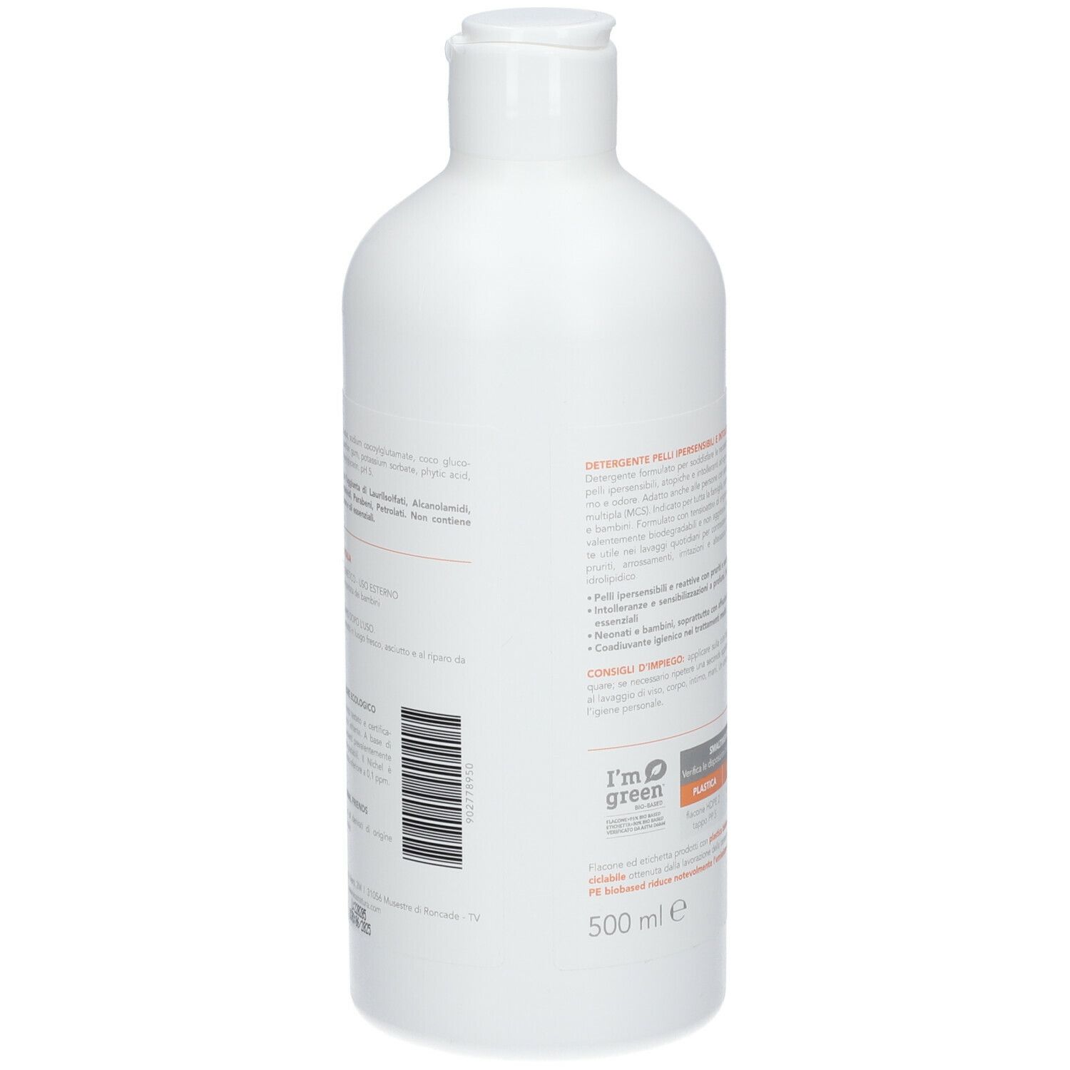 Weiße Flasche EOS® Base Detergente. Rückseite mit Text und Informationen. Mit Recycling-Logo und 500 ml.