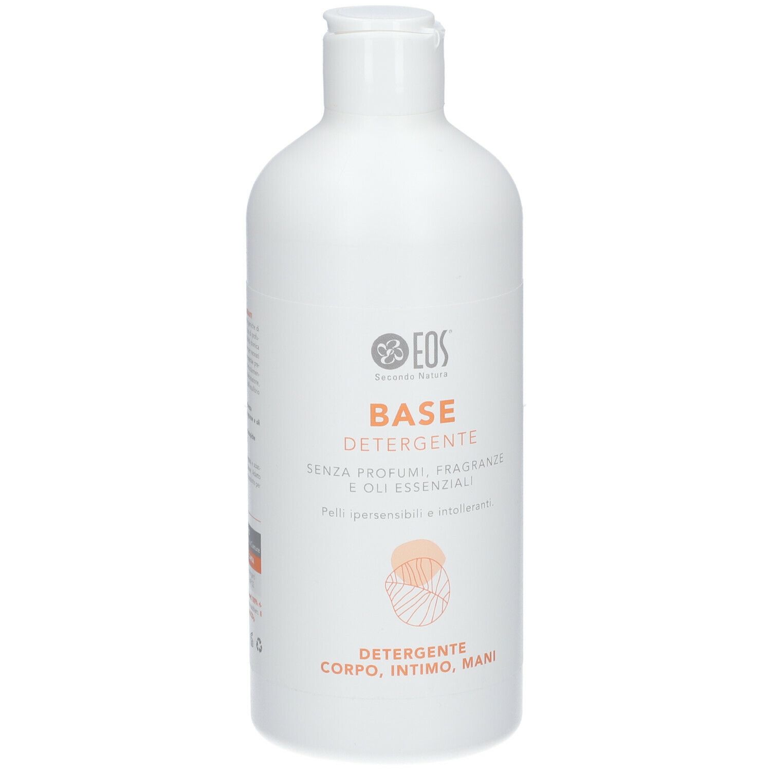 Weiße Flasche EOS® Base Detergente. Aufschrift: Base Detergente, ohne Parfüm, Duftstoffe und ätherische Öle.