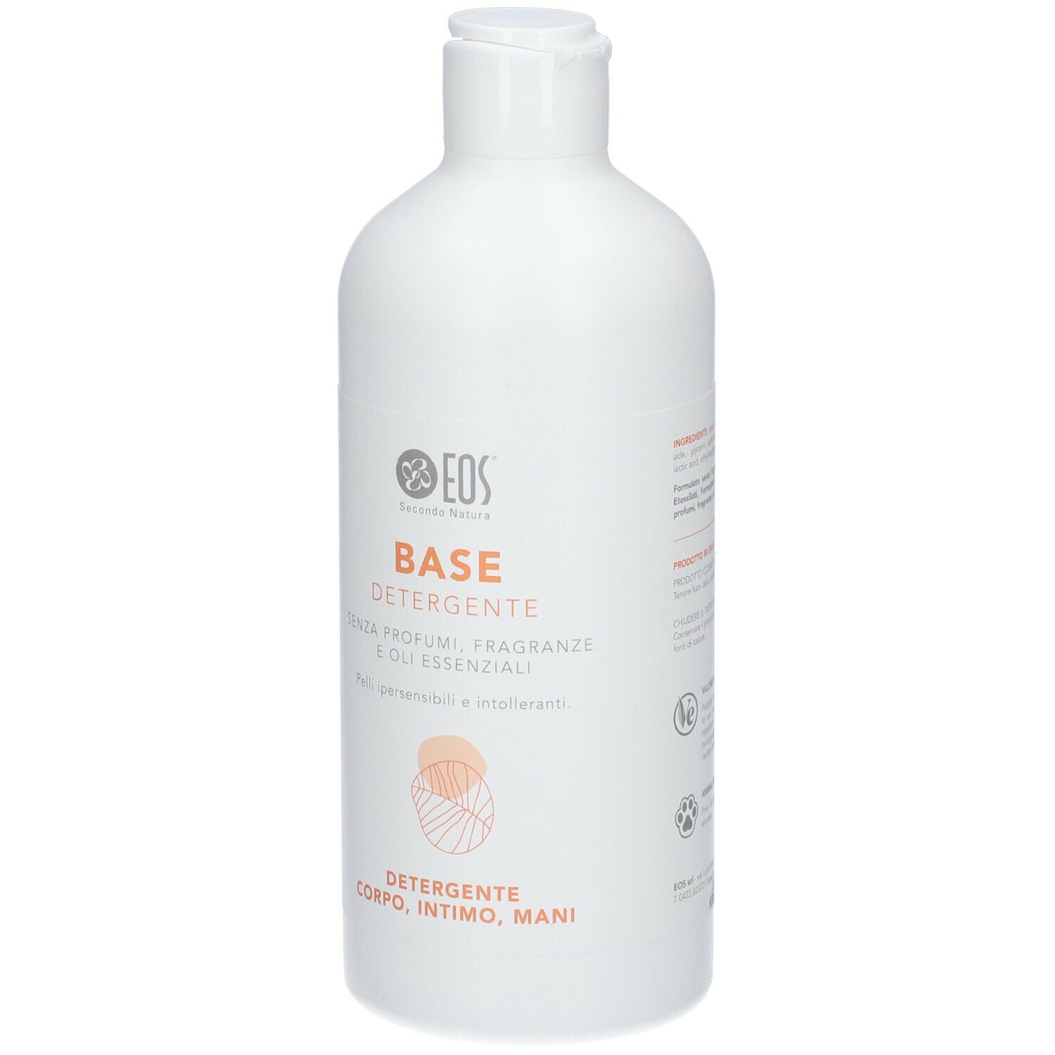 Weiße Flasche EOS® Base Detergente. Aufschrift: Base Detergente, ohne Parfüm, Duftstoffe und ätherische Öle.