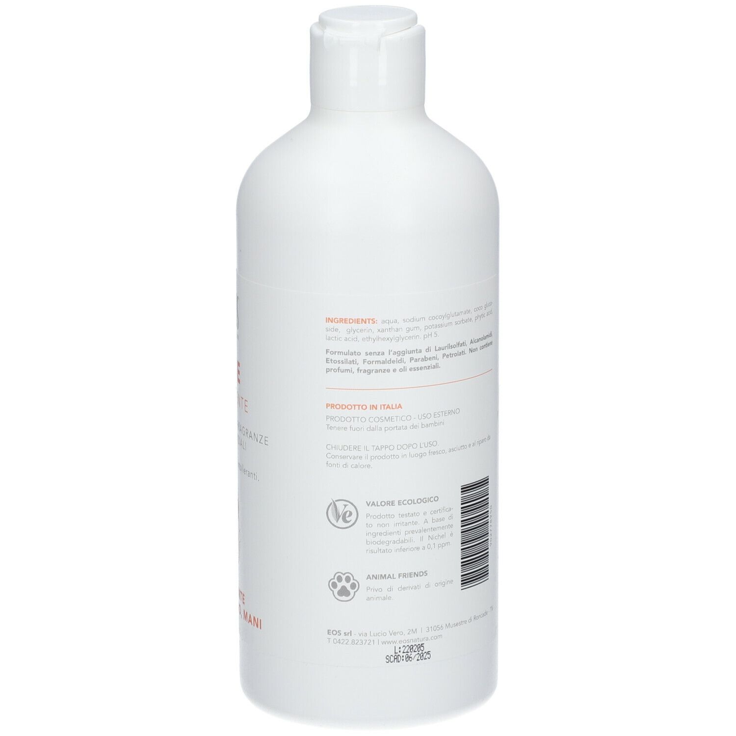 Weiße Flasche EOS® Base Detergente. Rückseite mit Inhaltsstoffen, Vegan-Logo und Tierschutz-Logo.