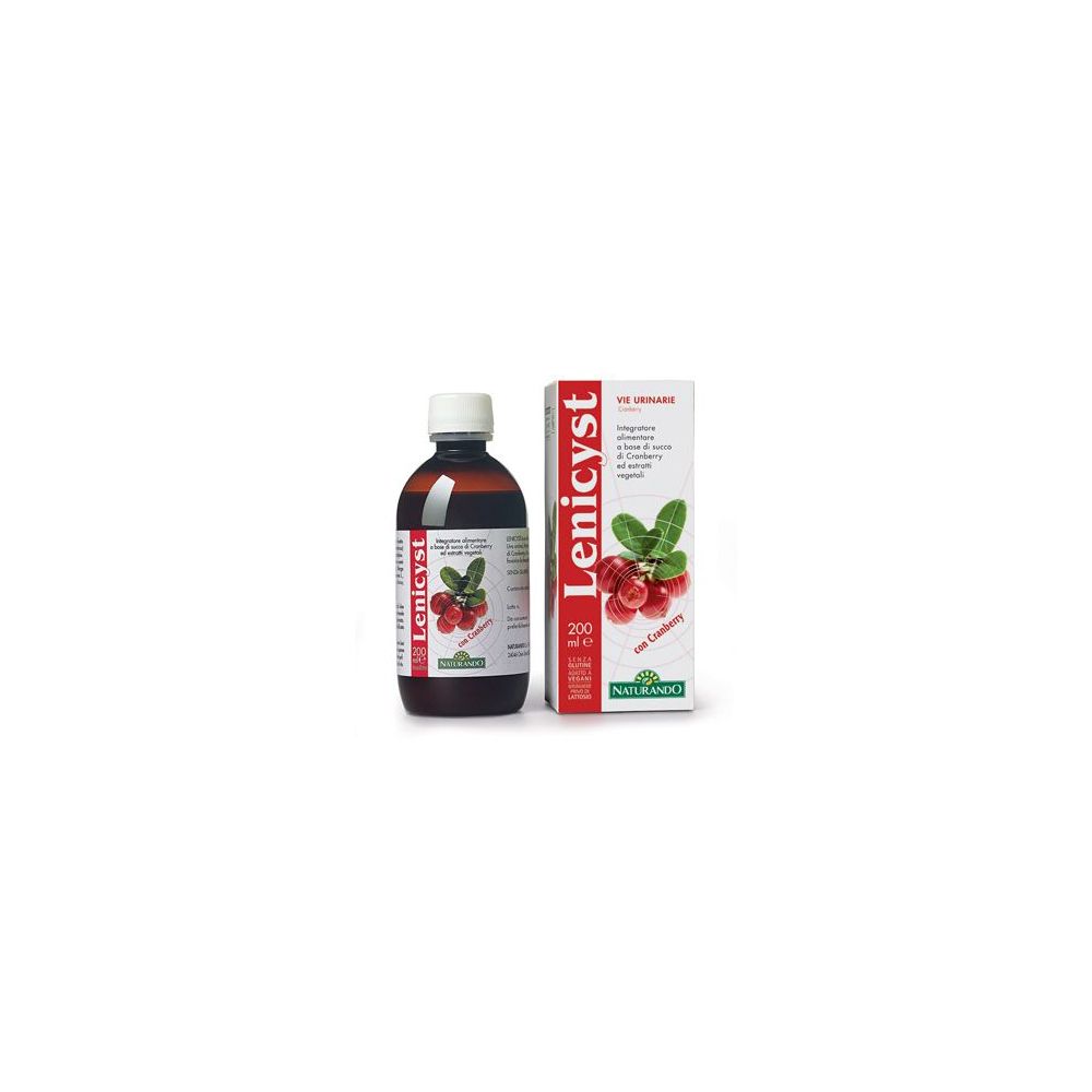 Bottiglia e scatola marroni con etichetta Lenicyst. Sulla scatola sono raffigurate bacche di cranberry e foglie.