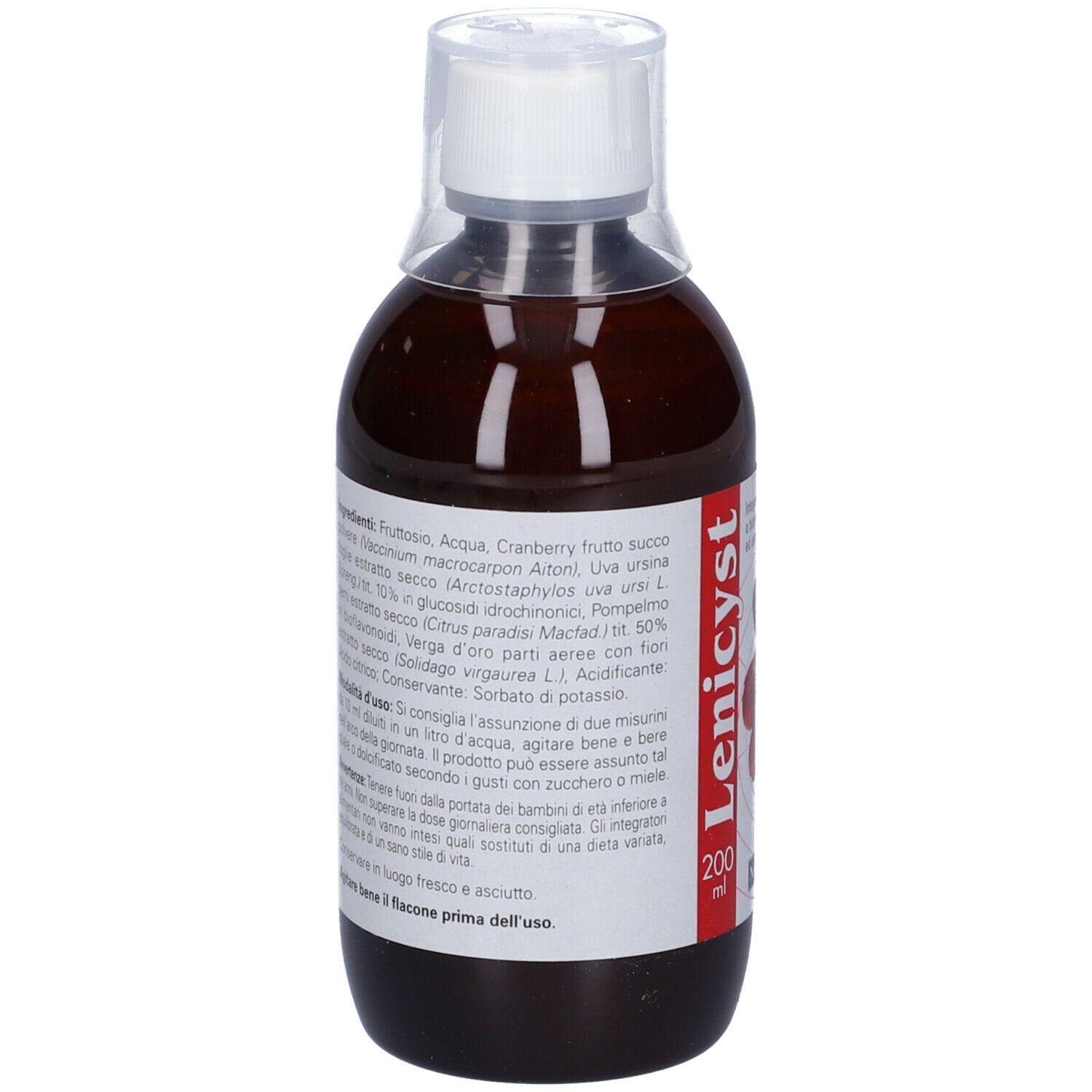 Bottiglia marrone con tappo bianco. L'etichetta indica gli ingredienti e il nome Lenicyst.