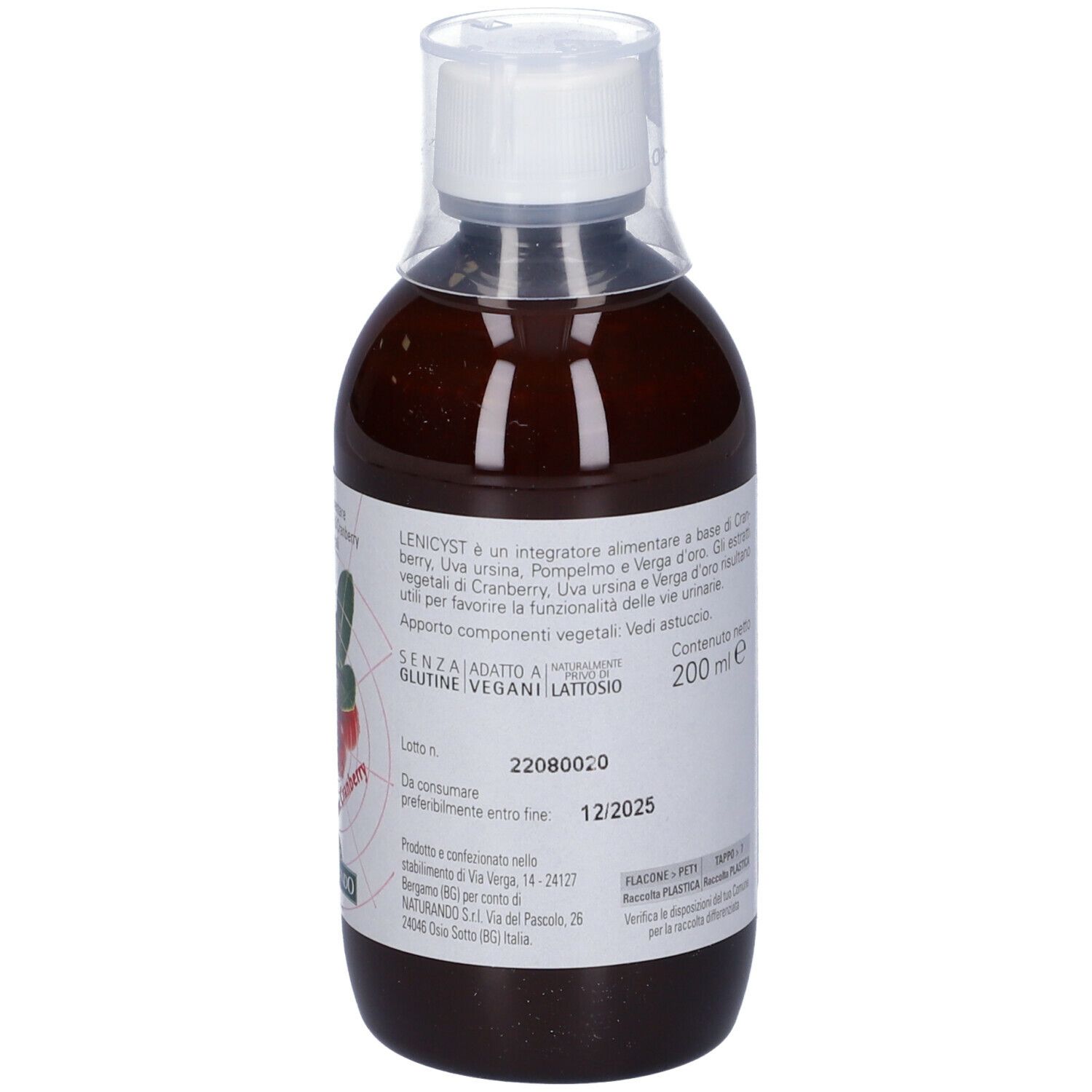 Bottiglia marrone con tappo bianco. L'etichetta indica gli ingredienti e il nome Lenicyst.