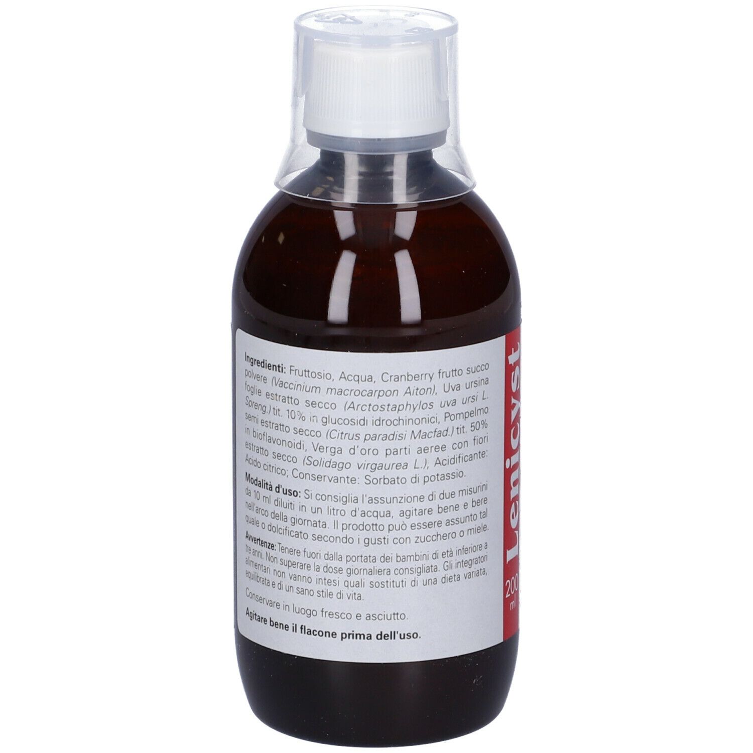 Bottiglia marrone con tappo bianco. L'etichetta indica gli ingredienti e il nome Lenicyst.