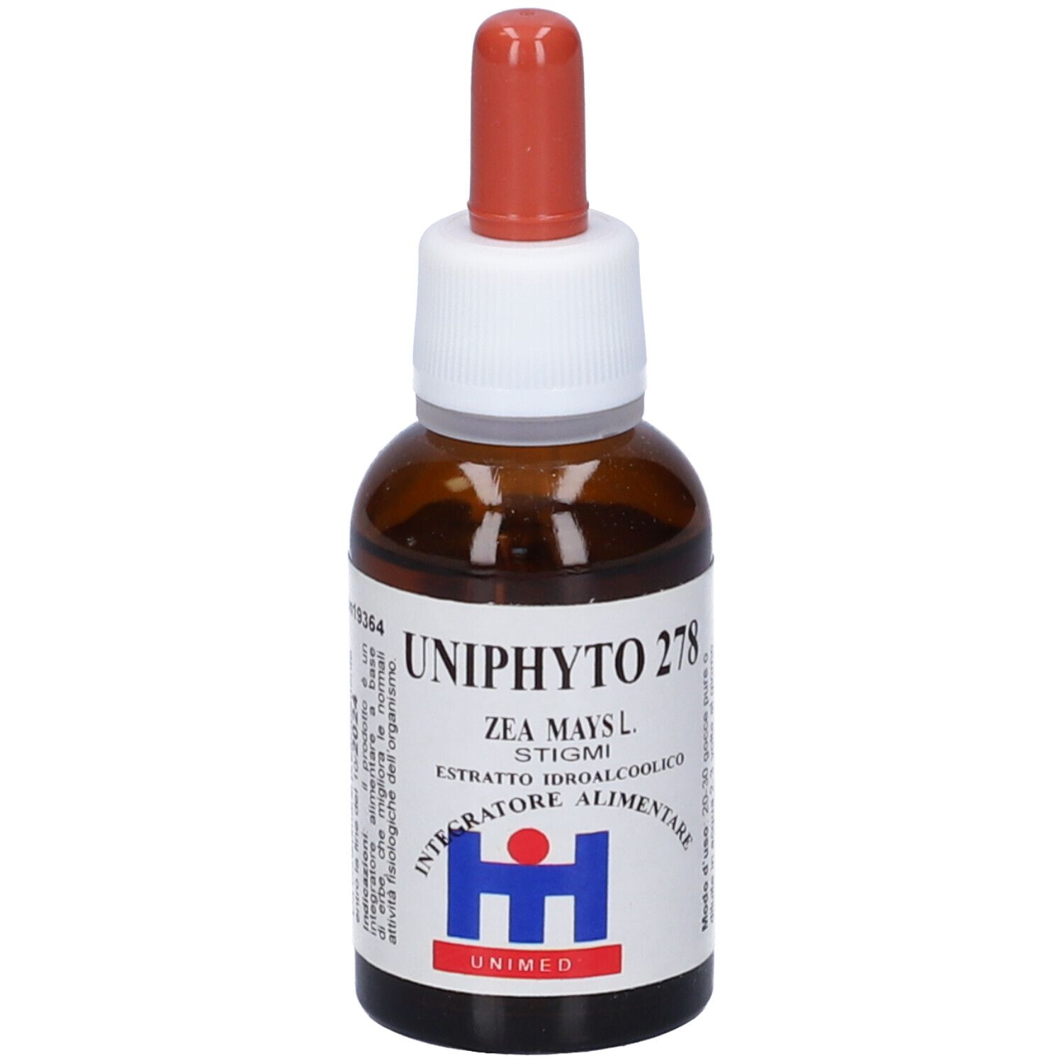 Flacone di vetro marrone con contagocce. Scritta: Uniphyto 278, Zea Maysl, estratto, Integratore Alimentare. Logo: H blu.
