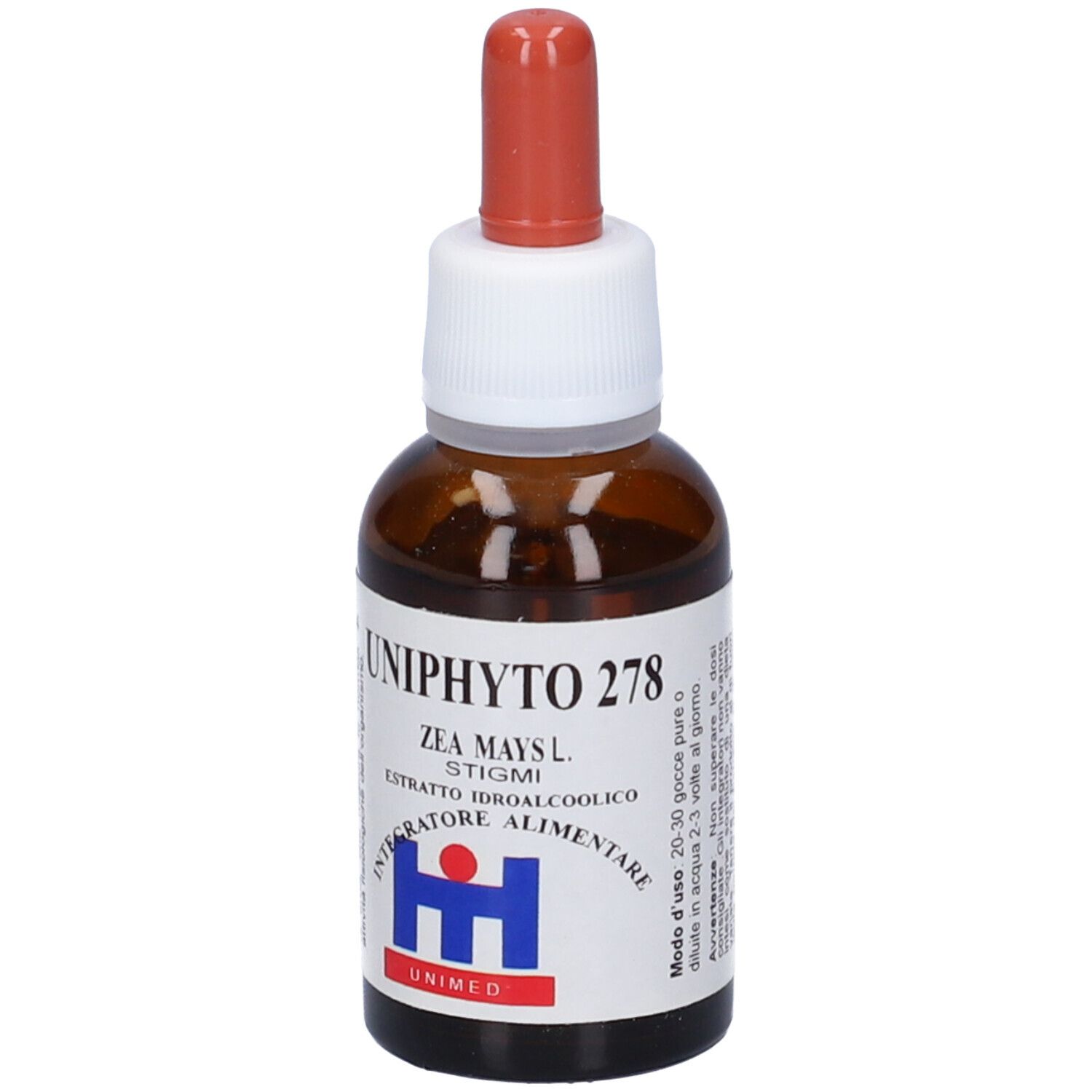 Flacone di vetro marrone con contagocce. Scritta: Uniphyto 278, Zea Maysl, estratto, Integratore Alimentare. Logo: H blu.