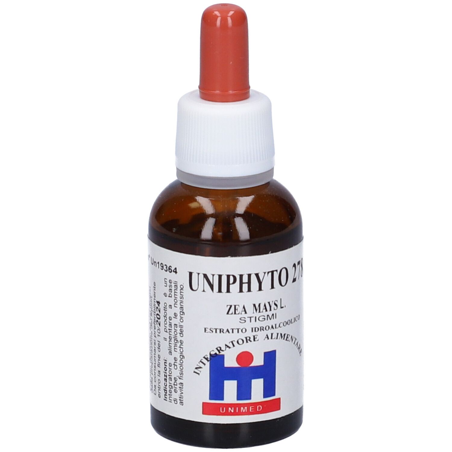 Flacone di vetro marrone con contagocce. Scritta: Uniphyto 278, Zea Maysl, estratto, Integratore Alimentare. Logo: H blu.