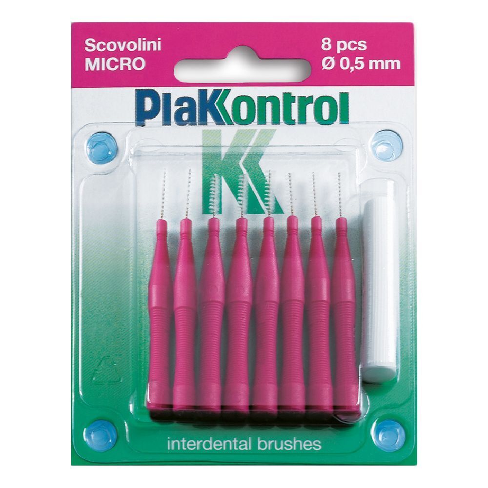 Spazzolini rosa e bianchi in confezione blister. Testo: Plakontrol, 8 pezzi, 0,5 mm.