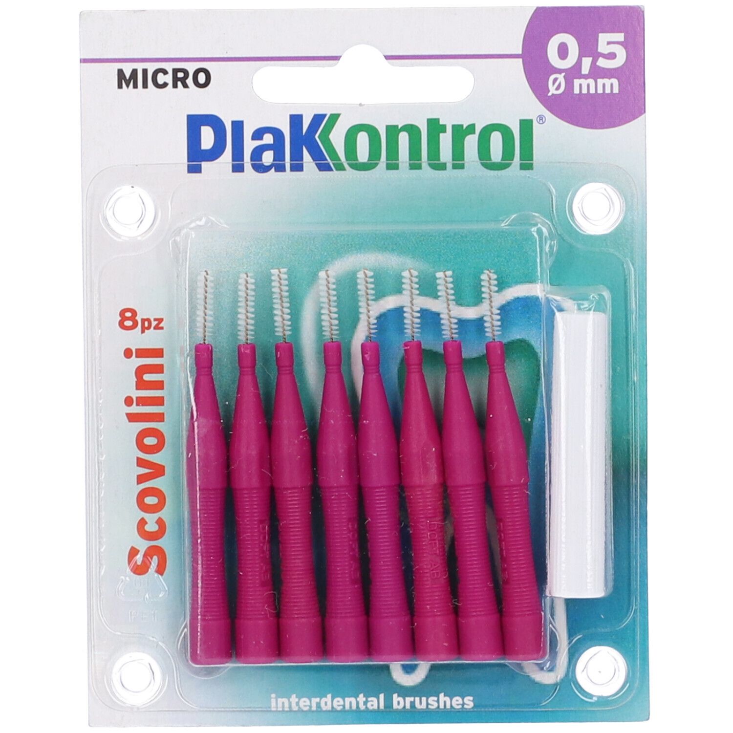 Spazzolini rosa e bianchi in confezione blister. Testo: Plakontrol, 8 pezzi, 0,5 mm.