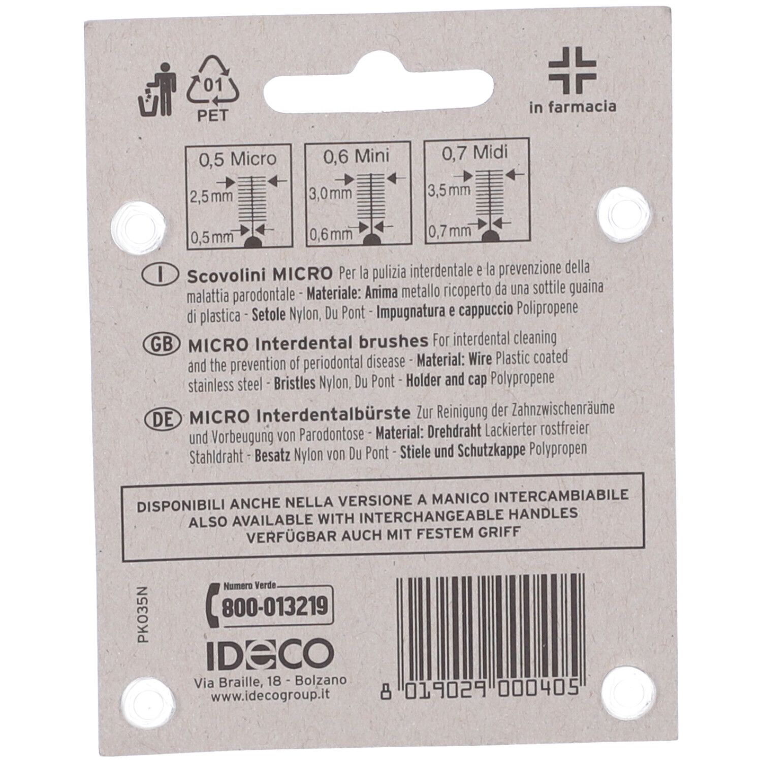 Retro della confezione con informazioni sul prodotto e dimensioni. Testo: Micro, 0,5 mm, 0,6 mm, 0,7 mm.
