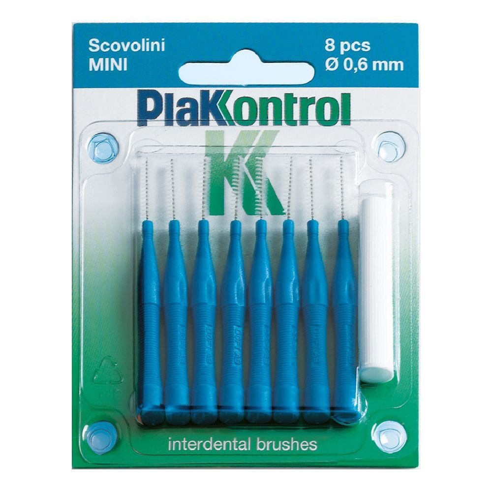 Confezione blister con 8 Scovolini Mini blu, 0,6 mm, e manico bianco. Scritto: PlaKontrol. Spazzolini interdentali.