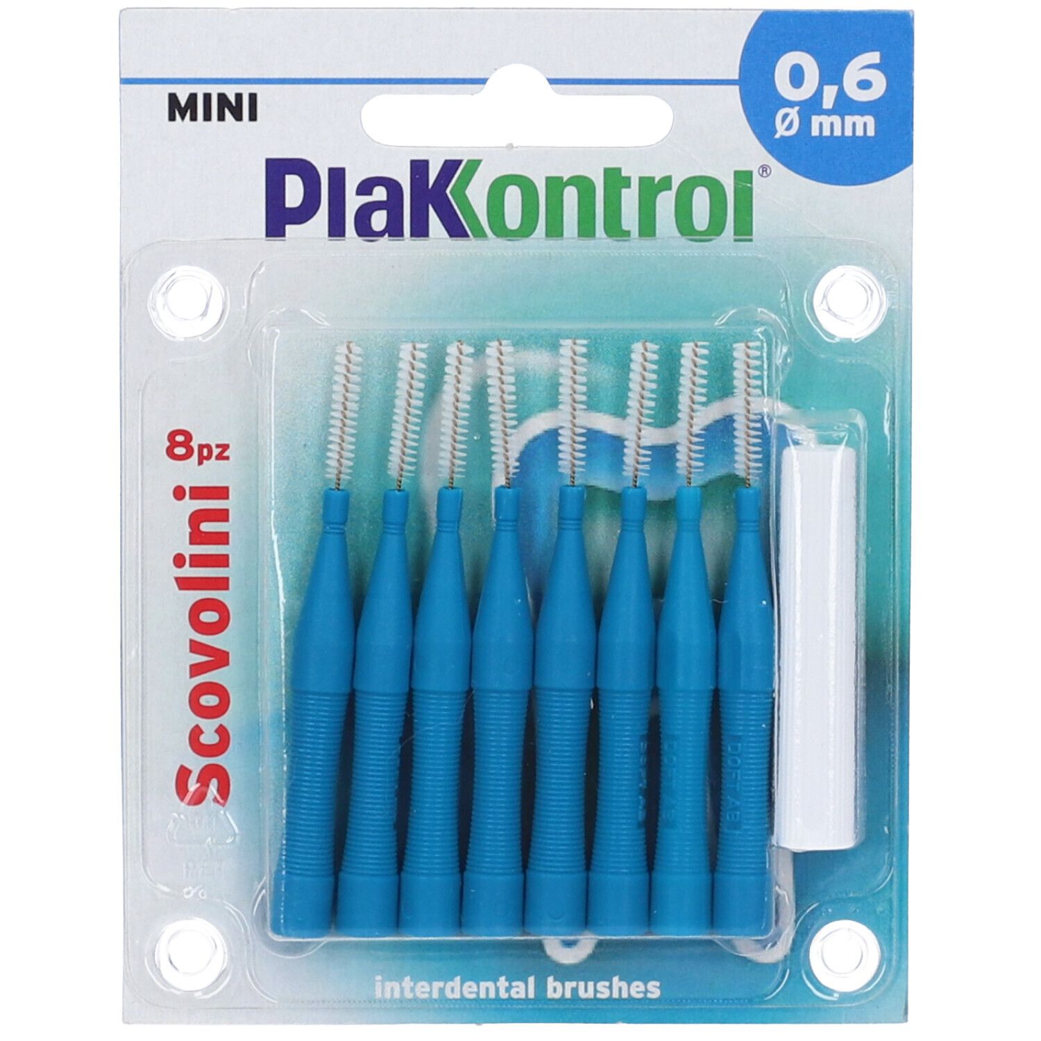 Confezione blister con 8 Scovolini Mini blu, 0,6 mm, e manico bianco. Scritto: PlaKontrol. Spazzolini interdentali.