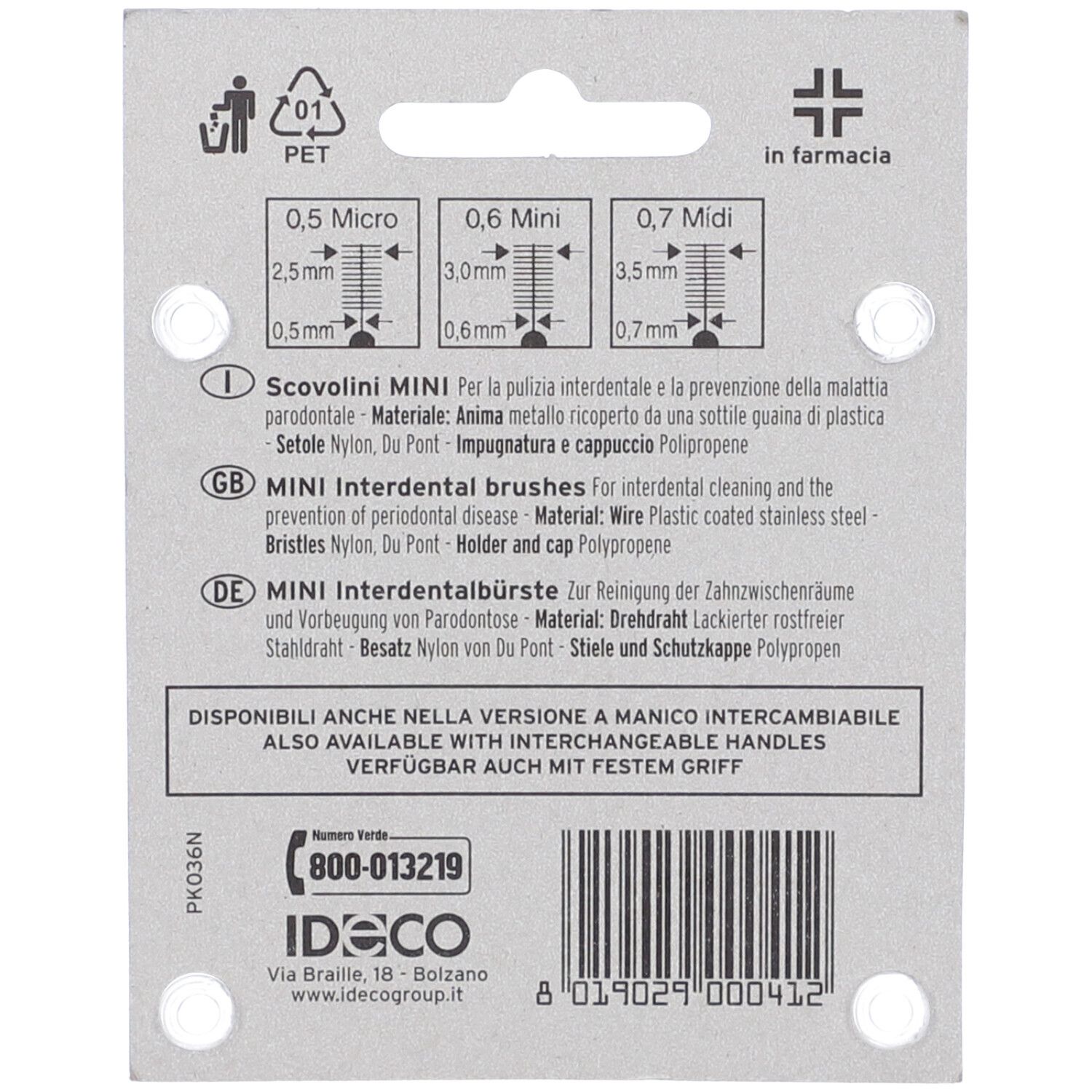 Retro della confezione con informazioni sul prodotto. Dimensioni: 0,5 Micro, 0,6 Mini, 0,7 Midi. Testo in italiano e inglese.