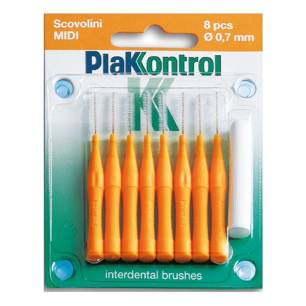 Scovolini interdentali, 8 pezzi, manico arancione, 0,7 mm. Confezione con nome prodotto PlaKontrol.