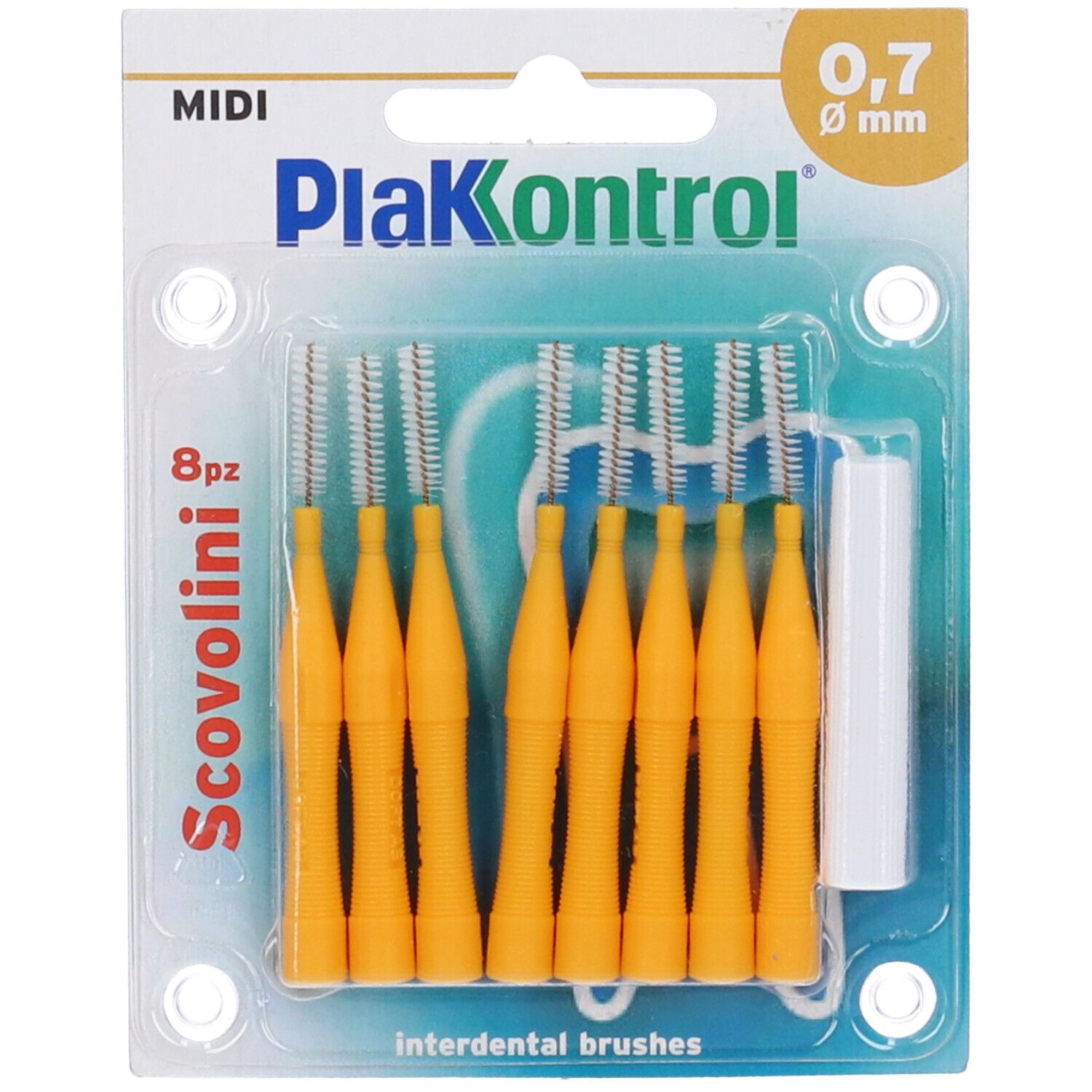 Scovolini interdentali, 8 pezzi, manico giallo, 0,7 mm. Confezione con nome prodotto PlaKontrol.