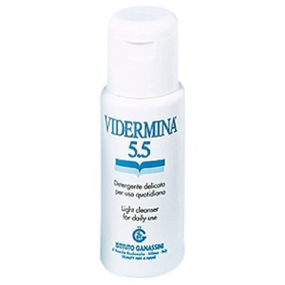 Flacone bianco con tappo a ribalta. Scritta: VIDERMINA 5.5, Detergente, Light cleanser for daily use.