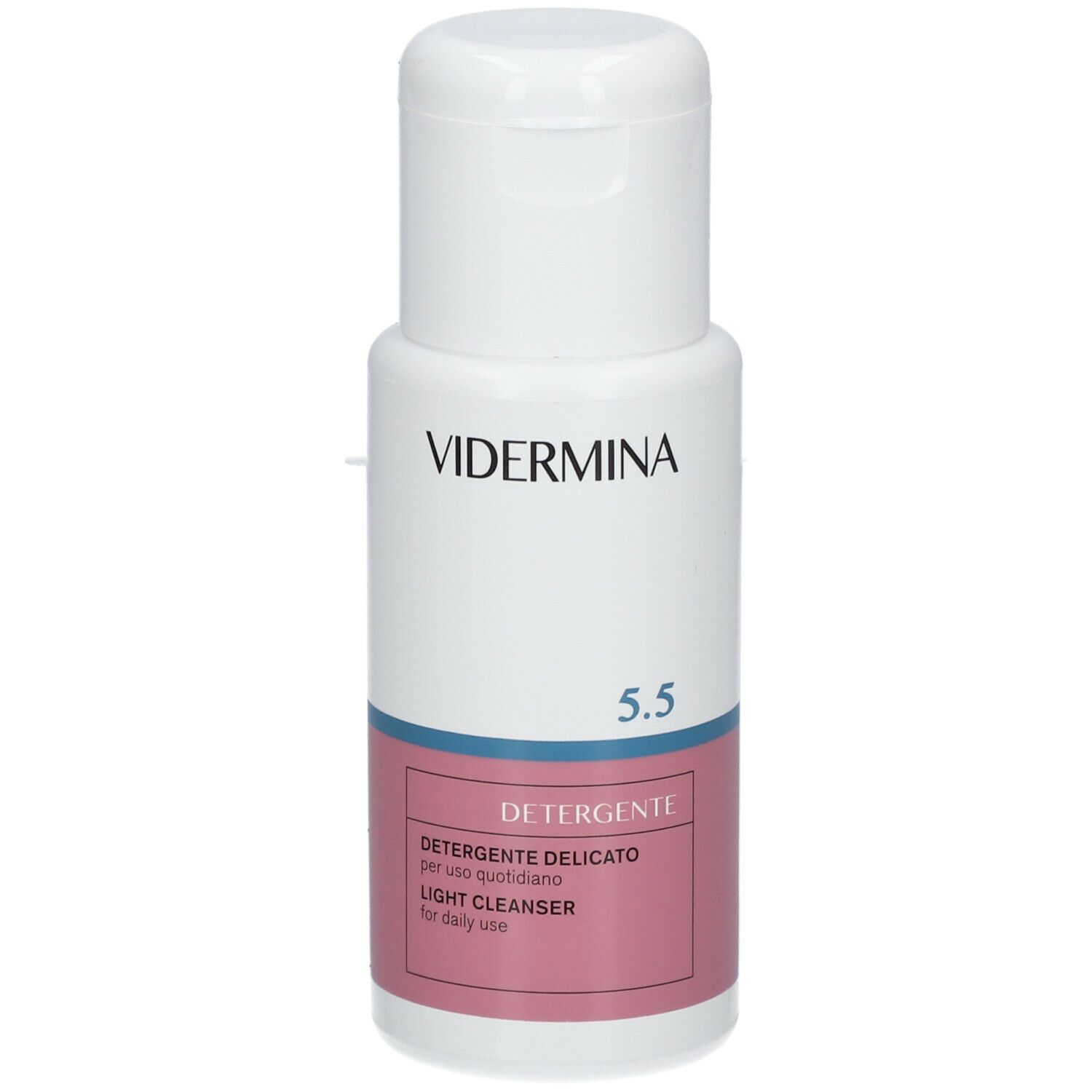 Flacone bianco con tappo a ribalta. Scritta: VIDERMINA 5.5, Detergente, Light cleanser for daily use. Etichetta rosa.