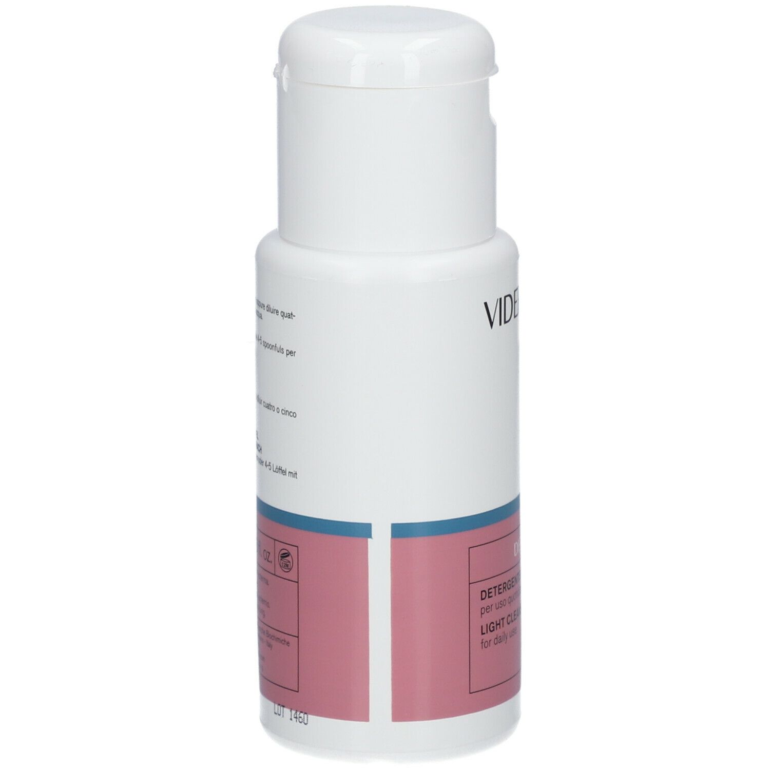 Flacone bianco con tappo a ribalta. Scritta: VIDERMINA 5.5, Detergente, Light cleanser for daily use. Etichetta rosa.