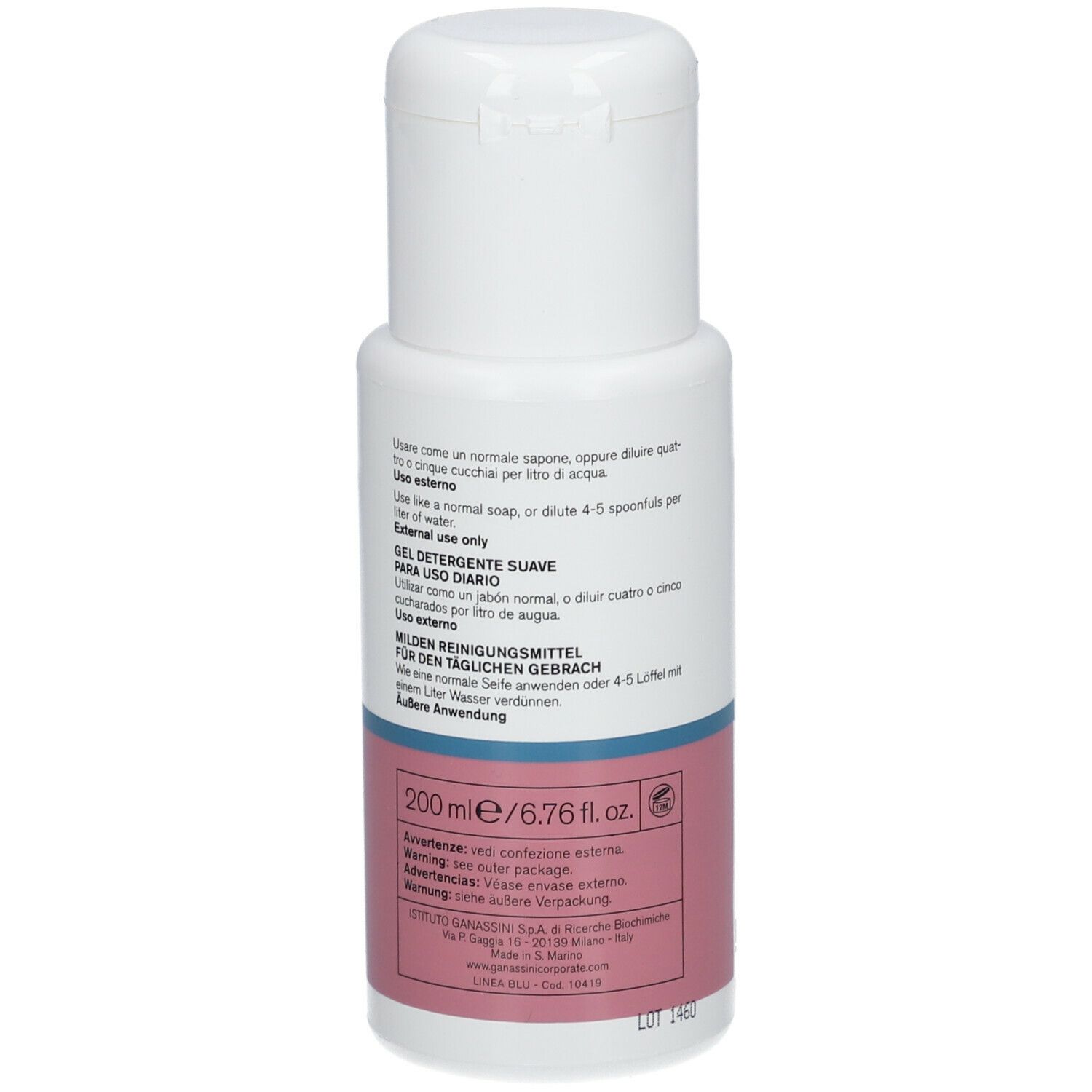 Flacone bianco con tappo a ribalta. Scritta: VIDERMINA 5.5, Detergente, Light cleanser for daily use. Etichetta rosa.