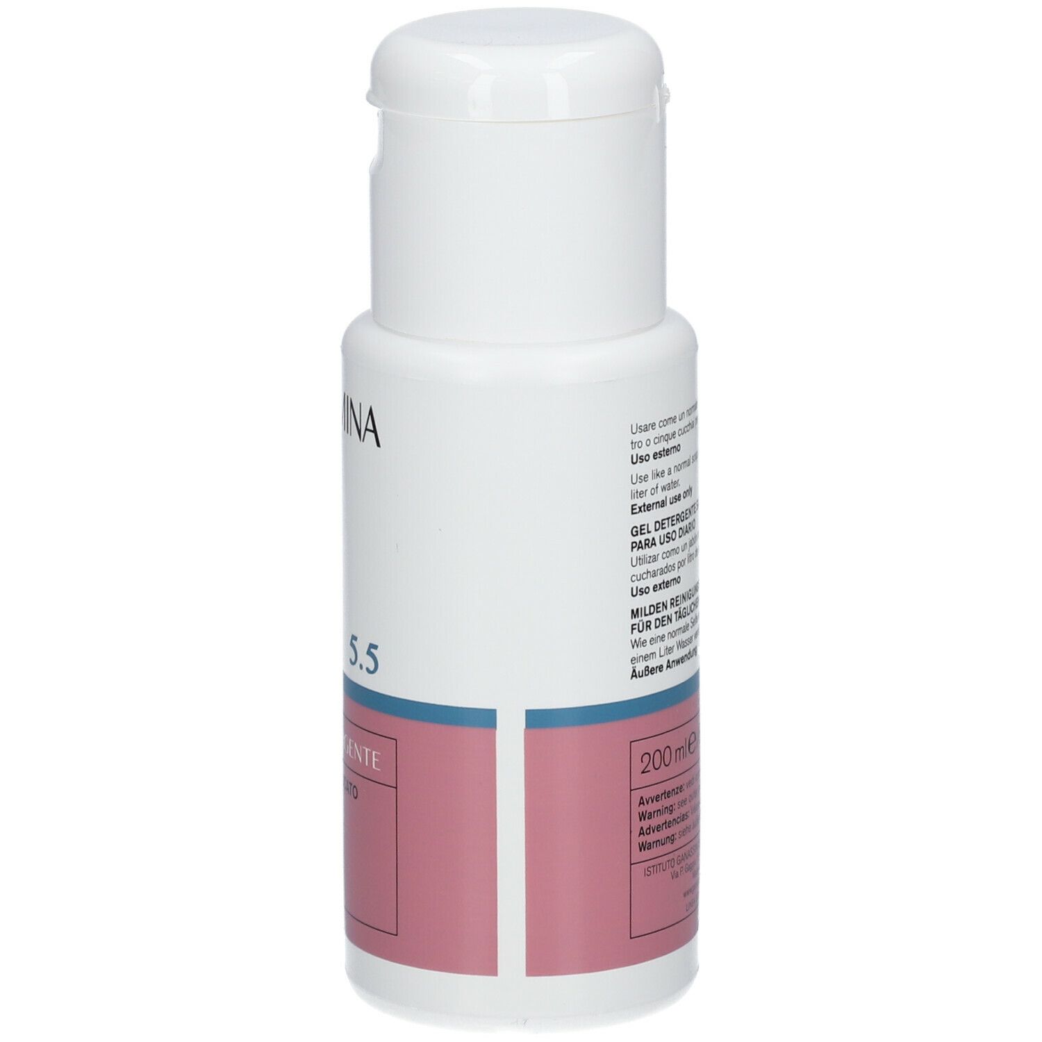 Flacone bianco con tappo a ribalta. Scritta: VIDERMINA 5.5, Detergente, Light cleanser for daily use. Etichetta rosa.
