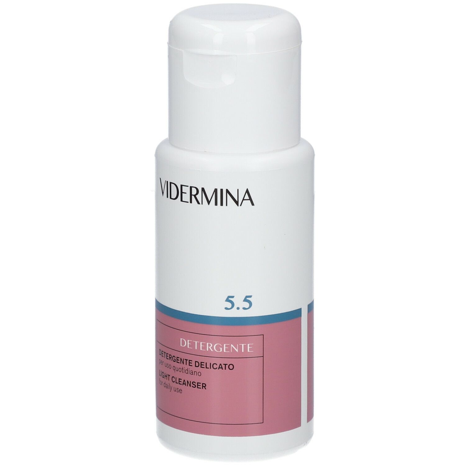 Flacone bianco con tappo a ribalta. Scritta: VIDERMINA 5.5, Detergente, Light cleanser for daily use. Etichetta rosa.