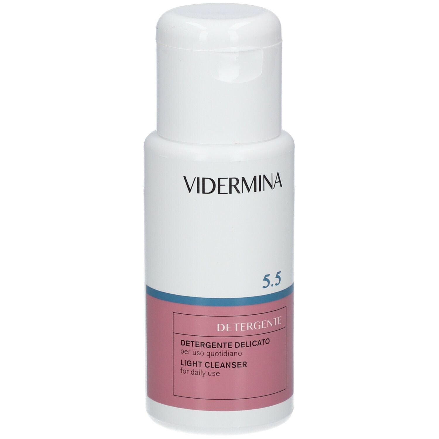Flacone bianco con tappo a ribalta. Scritta: VIDERMINA 5.5, Detergente, Light cleanser for daily use. Etichetta rosa.