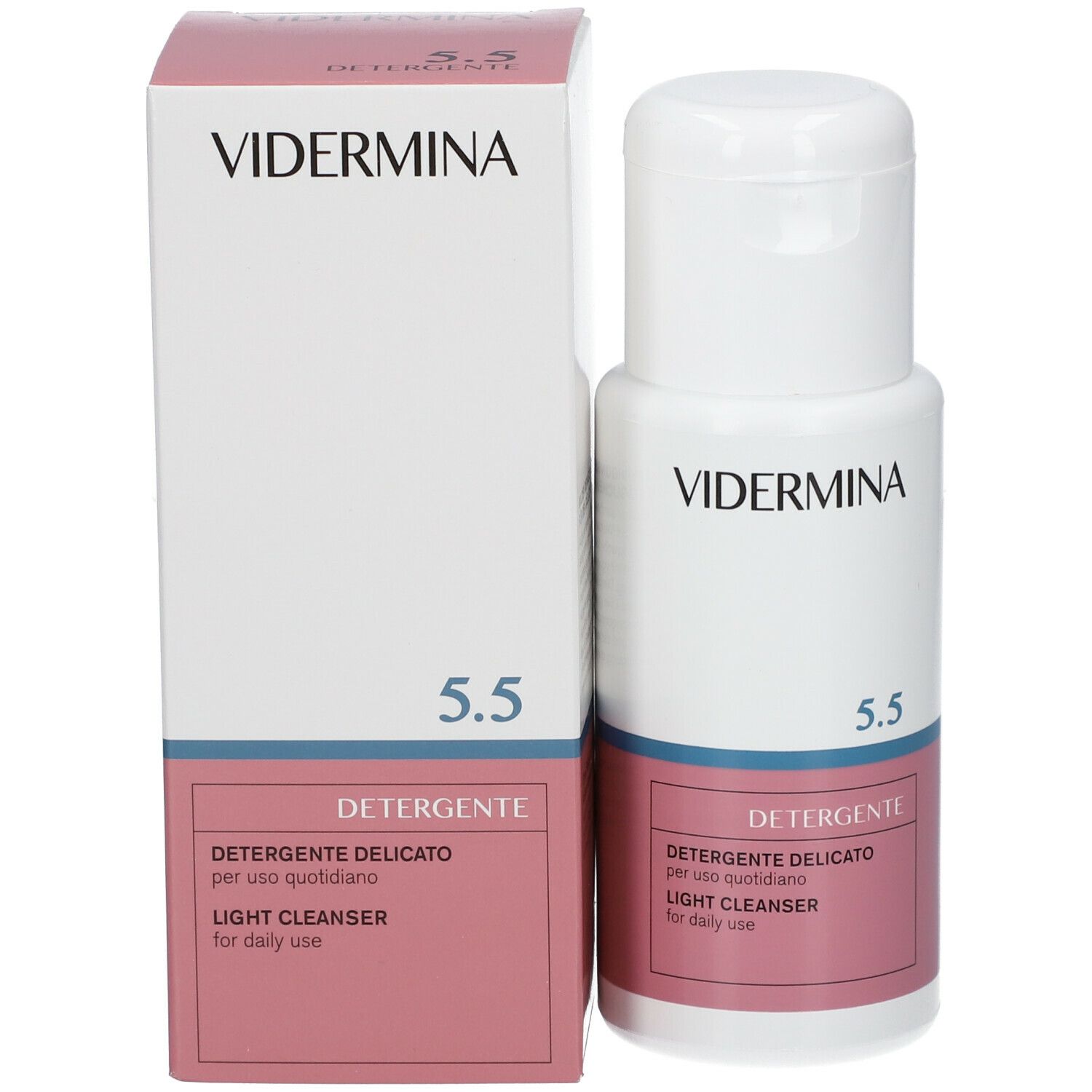 Flacone e confezione del prodotto. Scritta: VIDERMINA 5.5, Detergente, Light cleanser for daily use. Etichetta rosa.