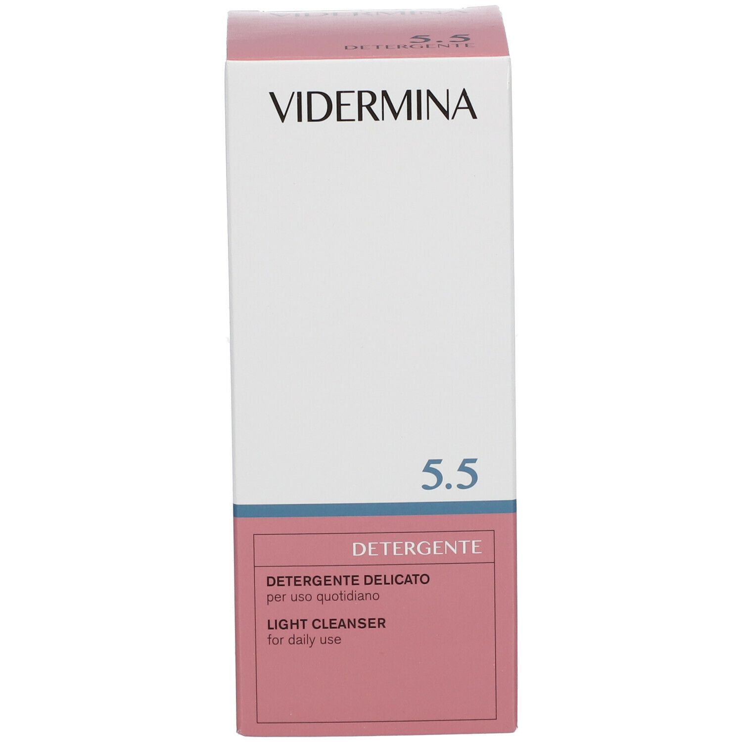 Confezione del prodotto. Scritta: VIDERMINA 5.5, Detergente, Light cleanser for daily use. Etichetta rosa.