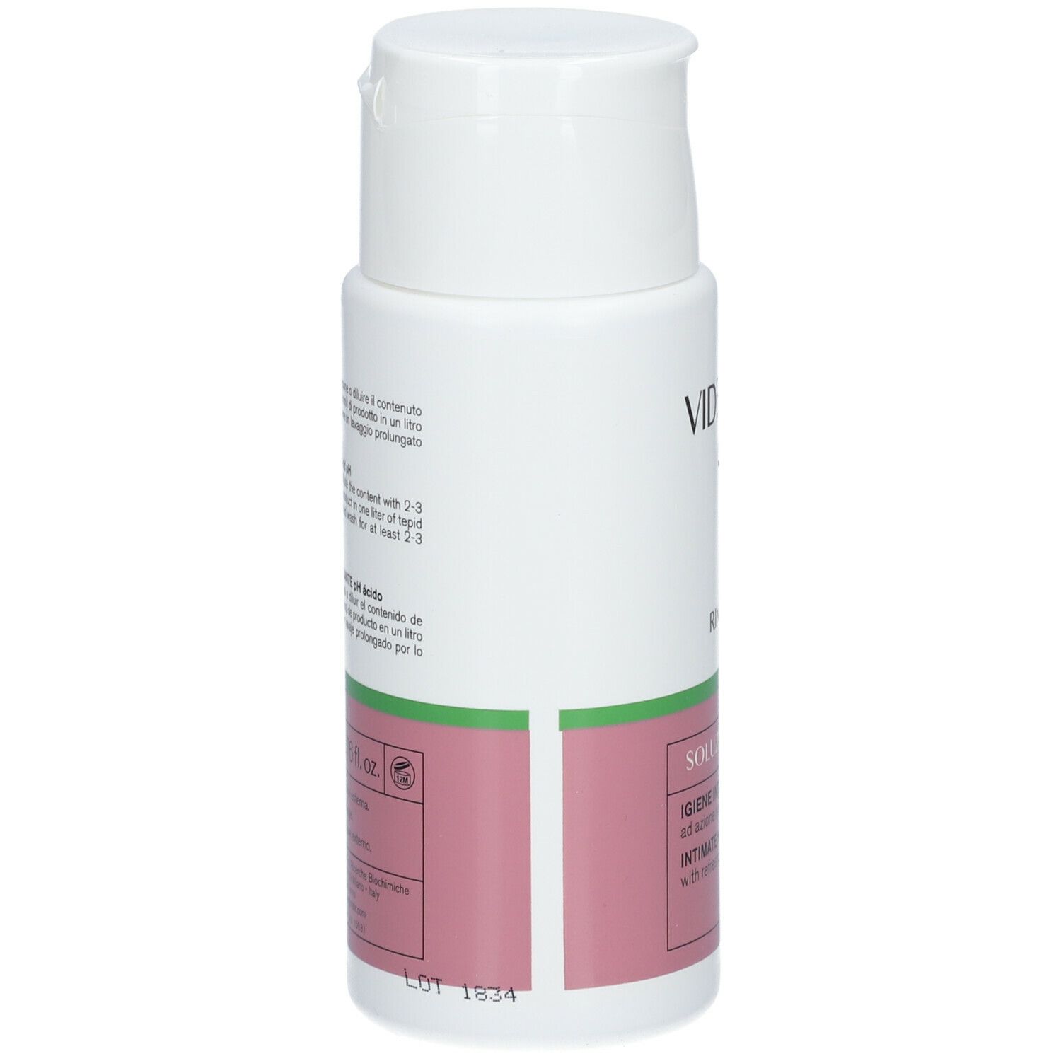 Dos d'un flacon blanc avec étiquette rose. Texte: Vidermina, solution, hygiène intime. Mode d'emploi.