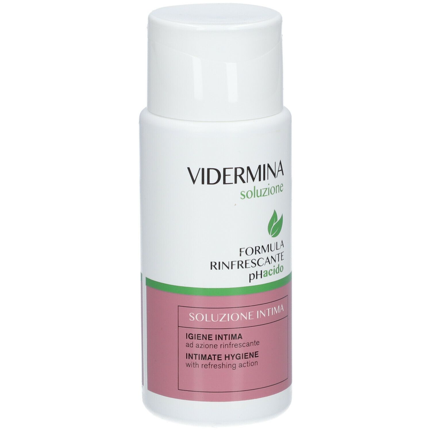 Flacon blanc avec étiquette rose. Inscription: Vidermina, solution, formule, pH acide. Hygiène intime.