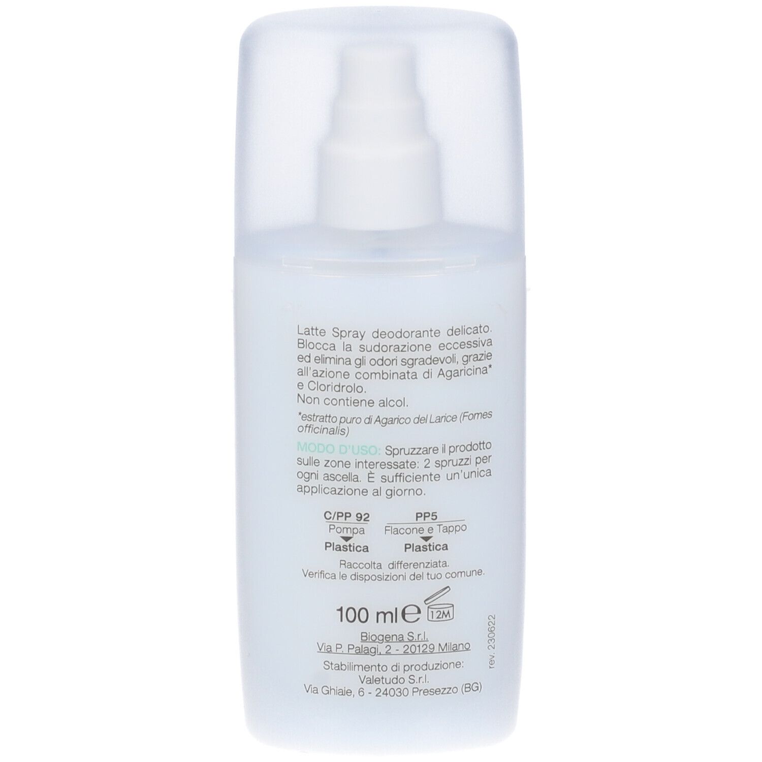 Retro dello spray deodorante. Testo in italiano. Scritta: 100 ml.