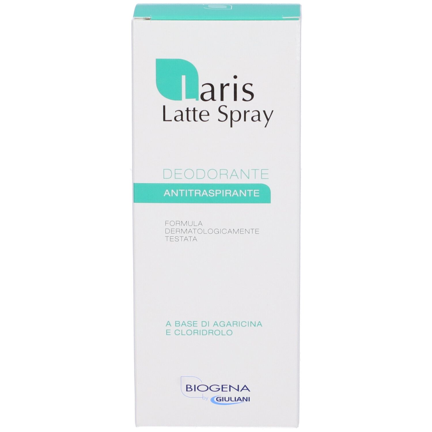 Confezione dello spray deodorante. Scritta: Laris Latte Spray, Deodorante Antitraspirante.