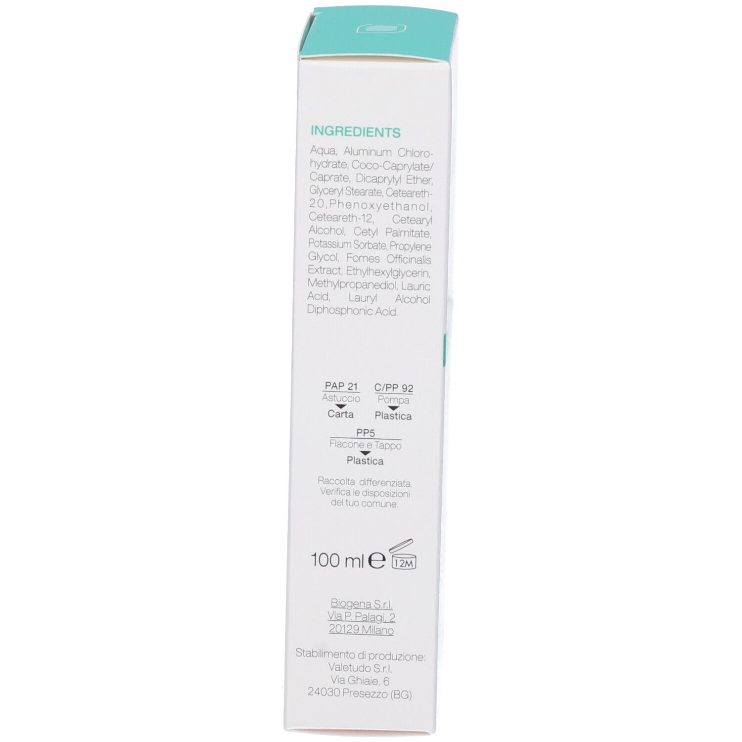 Lato della confezione dello spray deodorante. Elenco degli ingredienti. Scritta: 100 ml.