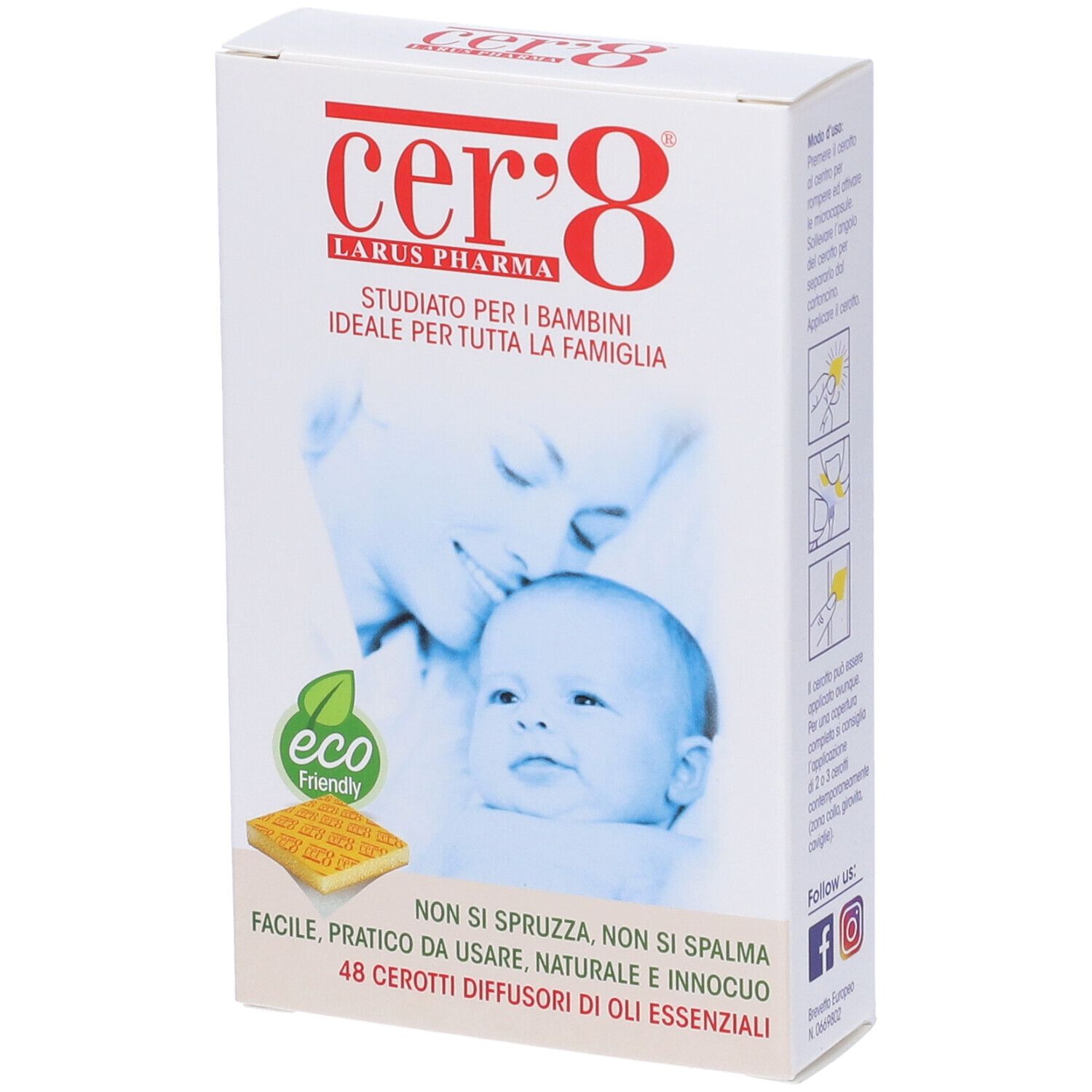 Scatola bianca con logo e nome cer'8. Immagine di un bambino e una madre. Testo: 48 cerotti diffusori di oli essenziali.