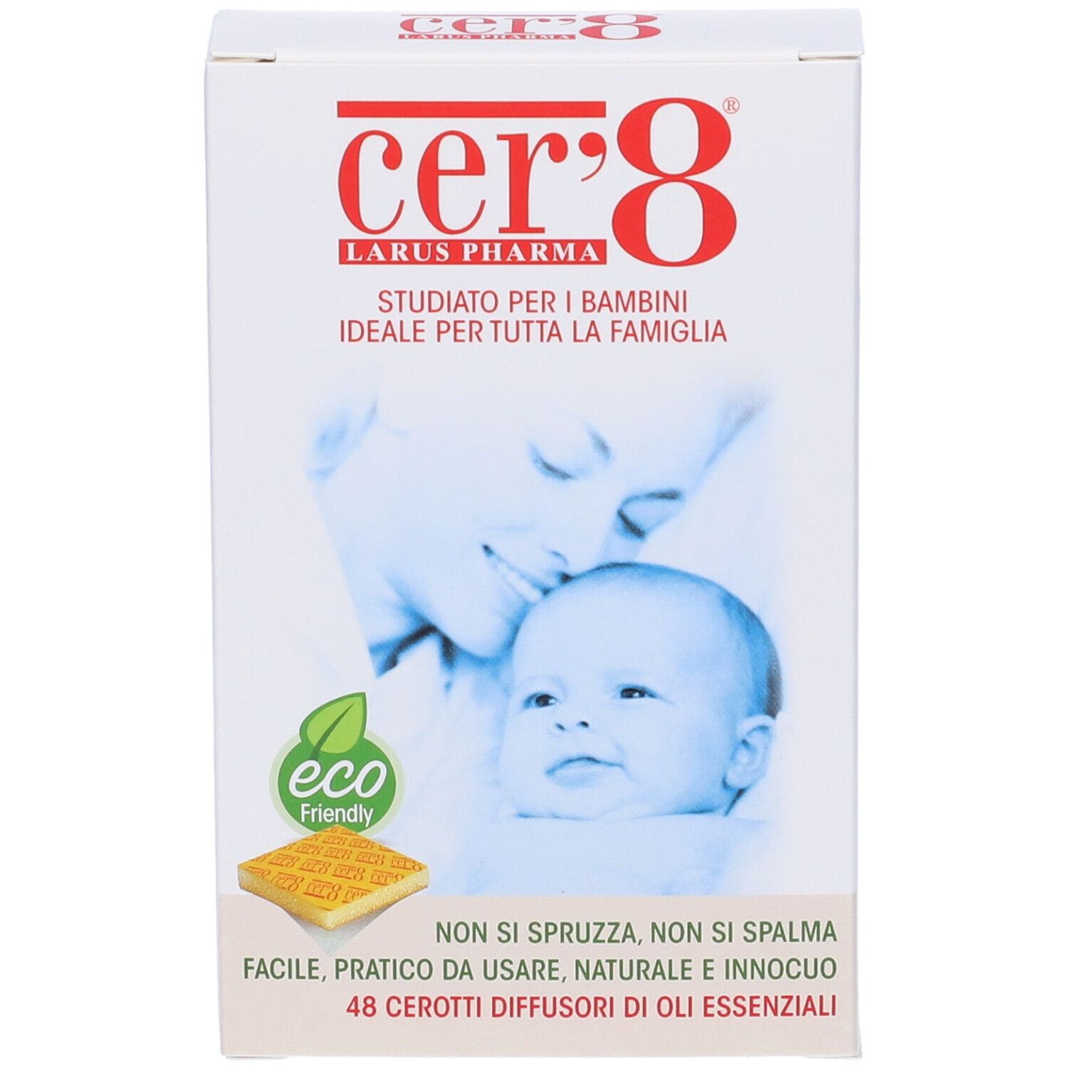 Scatola bianca con logo e nome cer'8. Immagine di un bambino e una madre. Testo: 48 cerotti diffusori di oli essenziali.