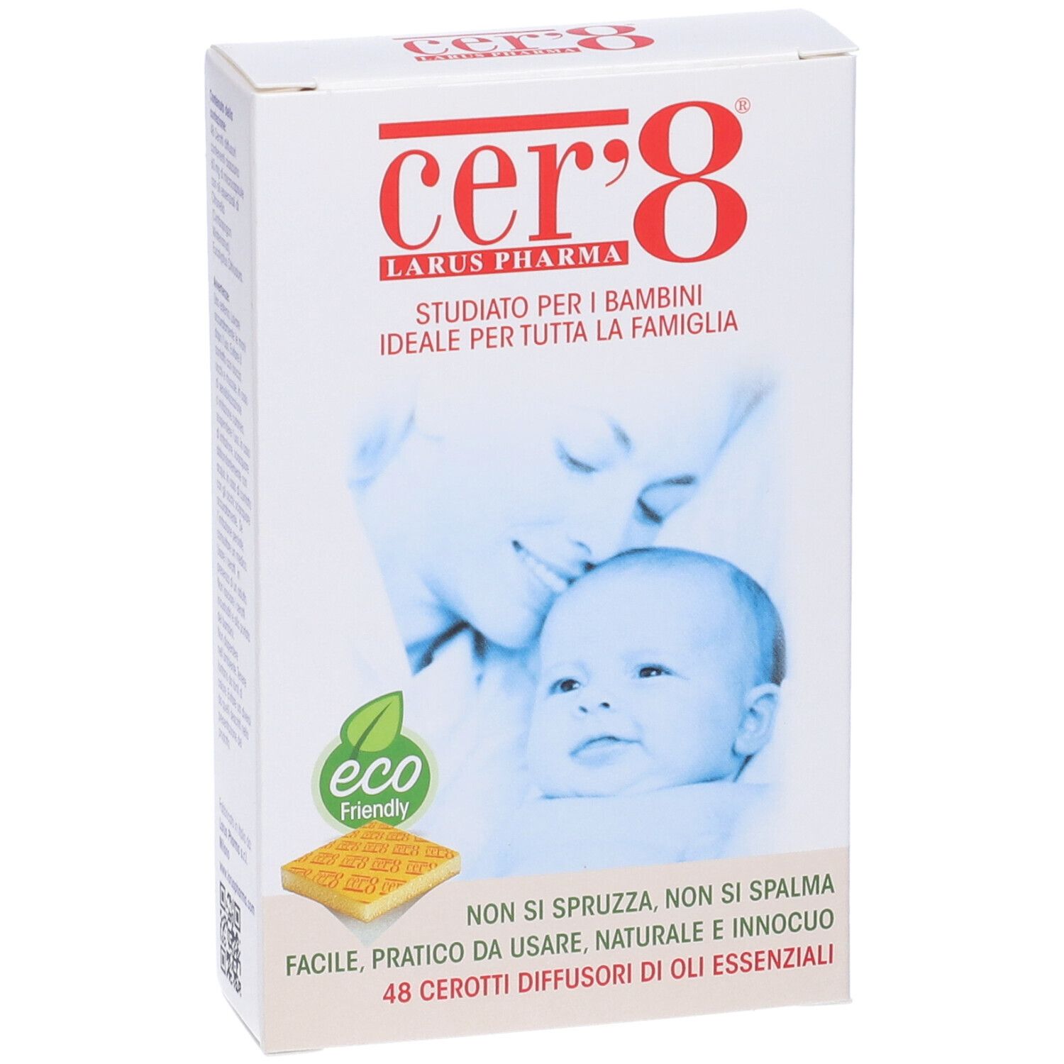 Scatola bianca con logo e nome cer'8. Immagine di un bambino e una madre. Testo: 48 cerotti diffusori di oli essenziali.